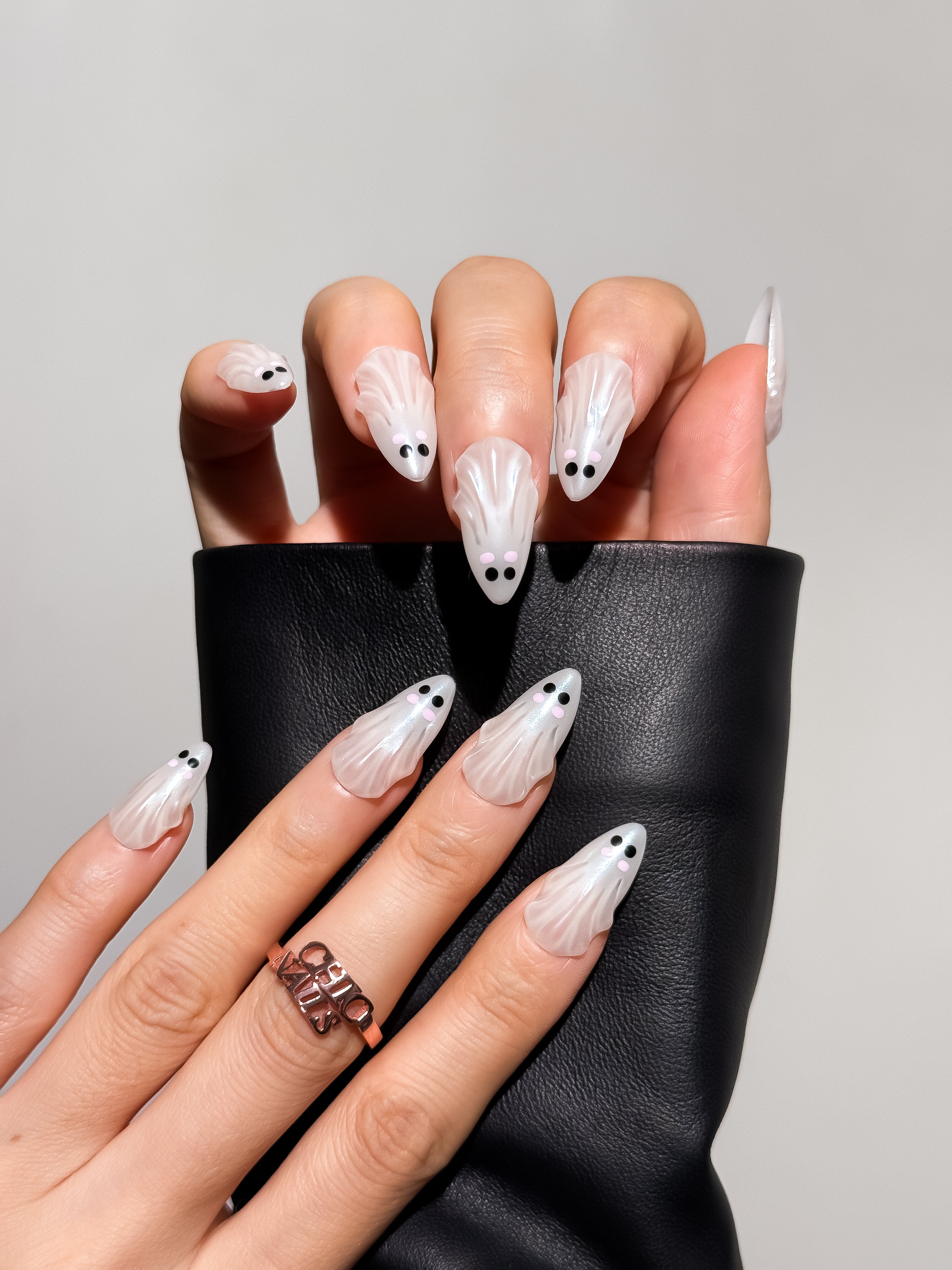 Pearl Ghost Medium Almond Press On Nails