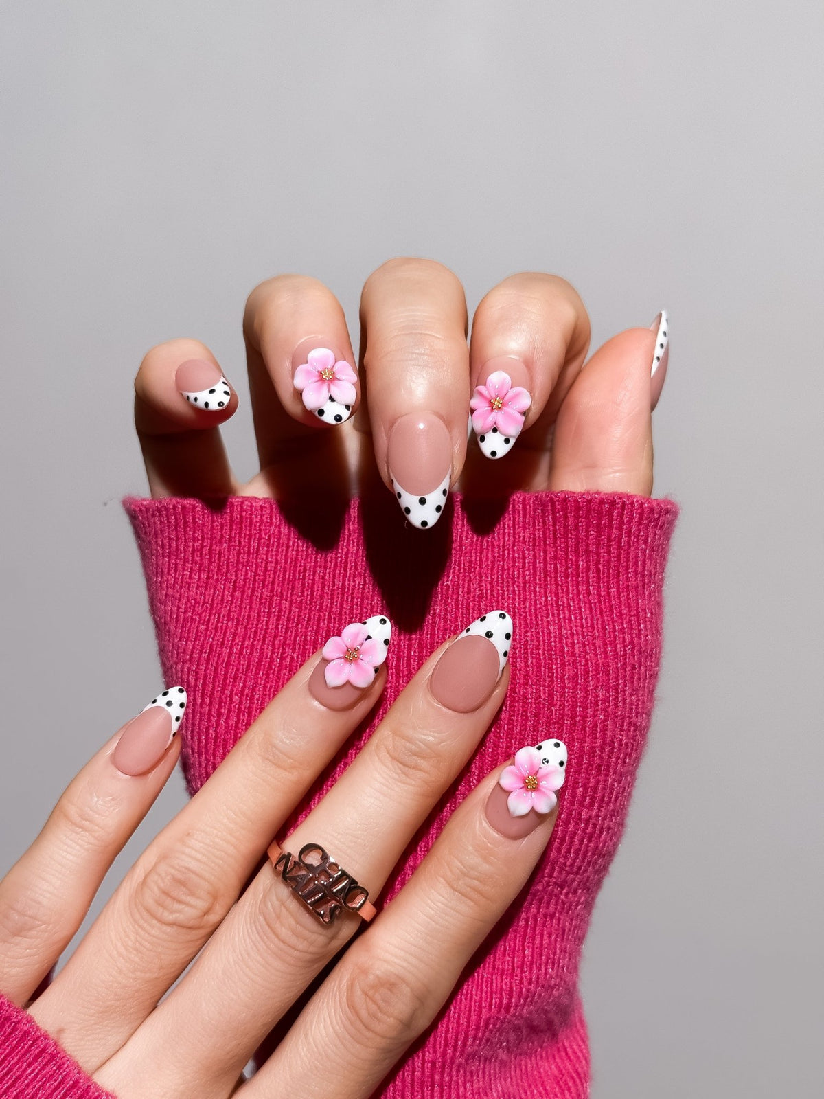 Rosé Dottie 3D Floral French Press On Nails Short Almond