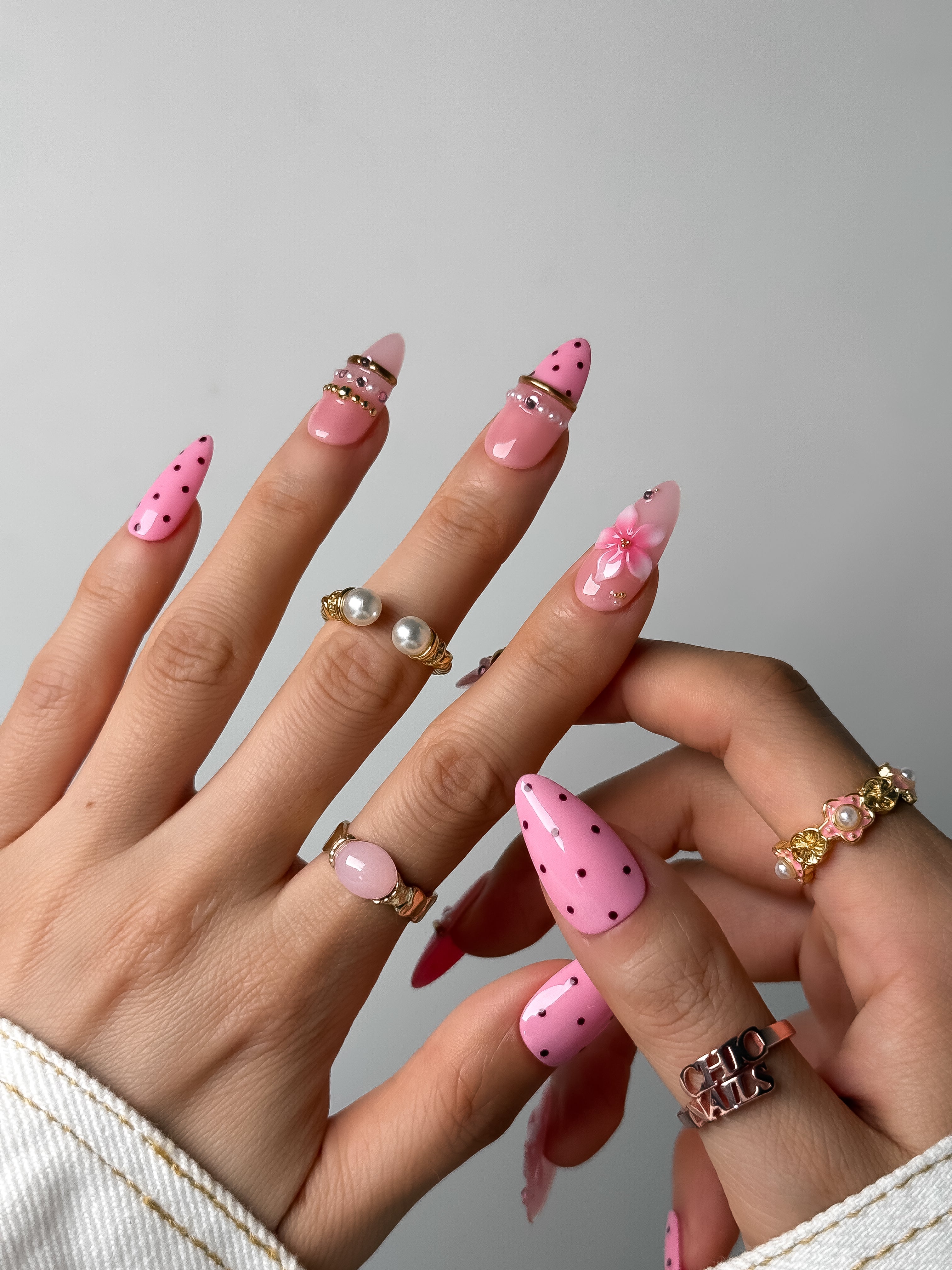 Handmade Pink Polka Dot Floral Press-On Nails – Medium Almond
