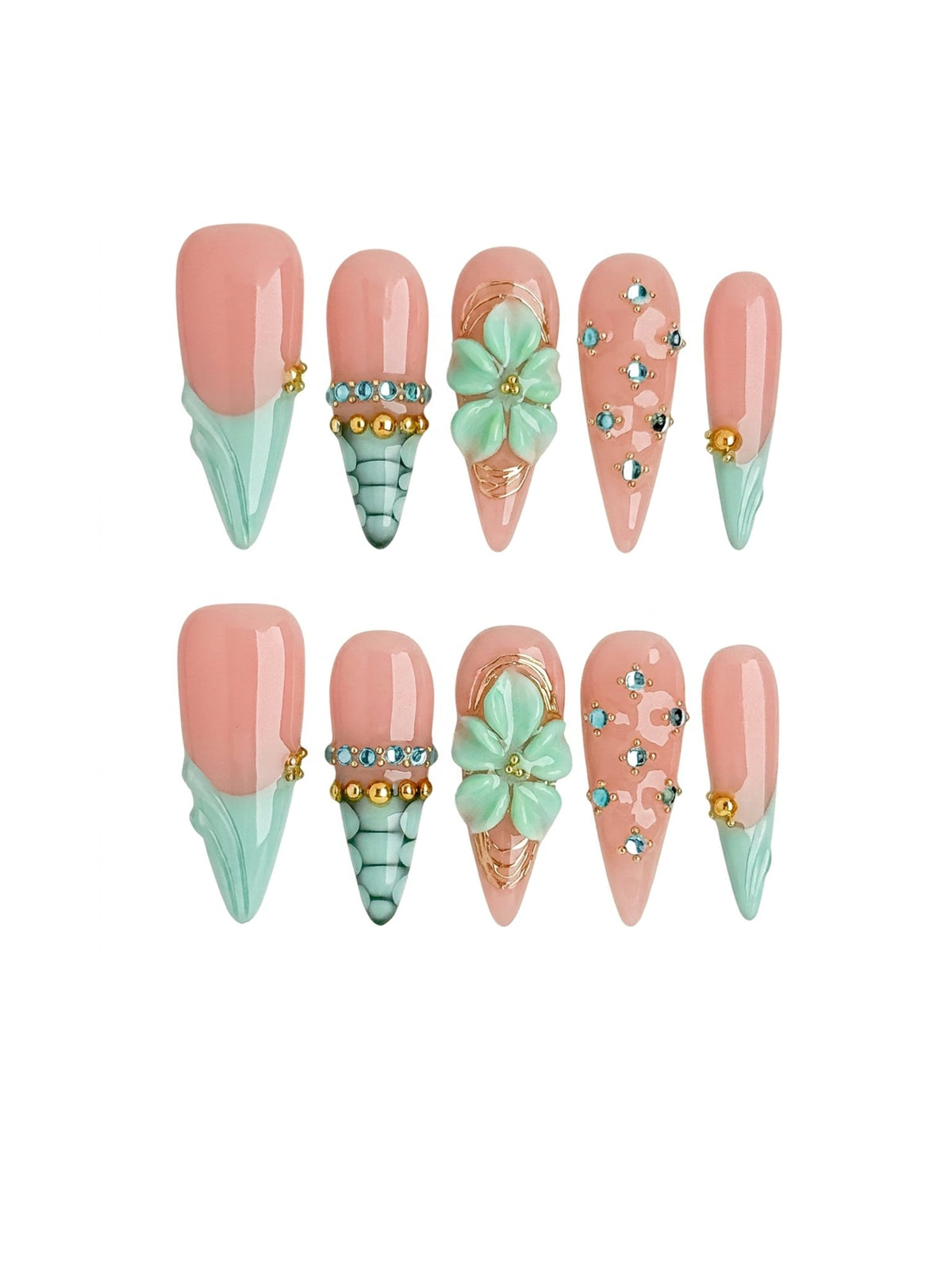 Azure Blossom 3D Floral Press On Nails Long Stiletto