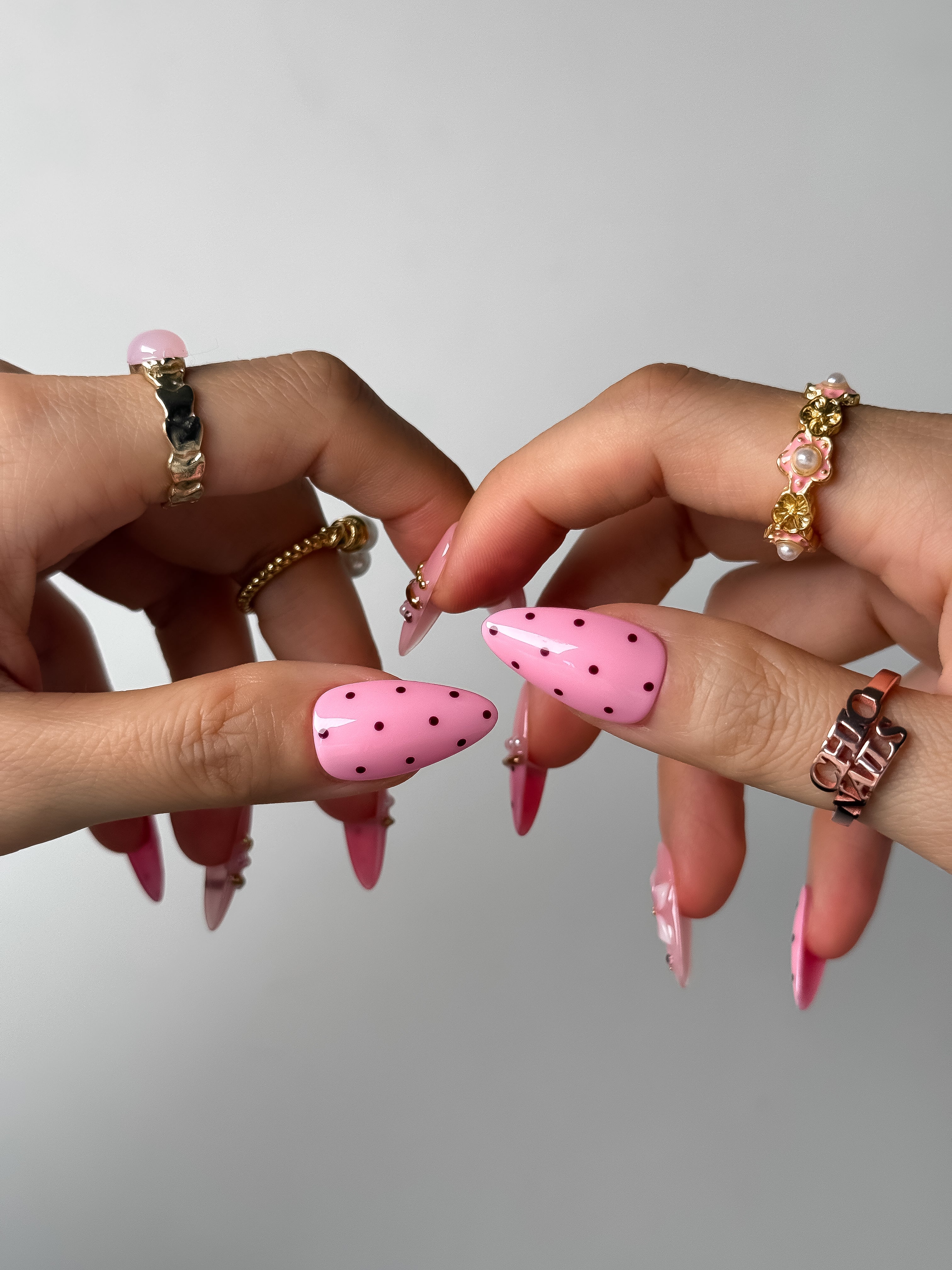 Handmade Pink Polka Dot Floral Press-On Nails – Medium Almond