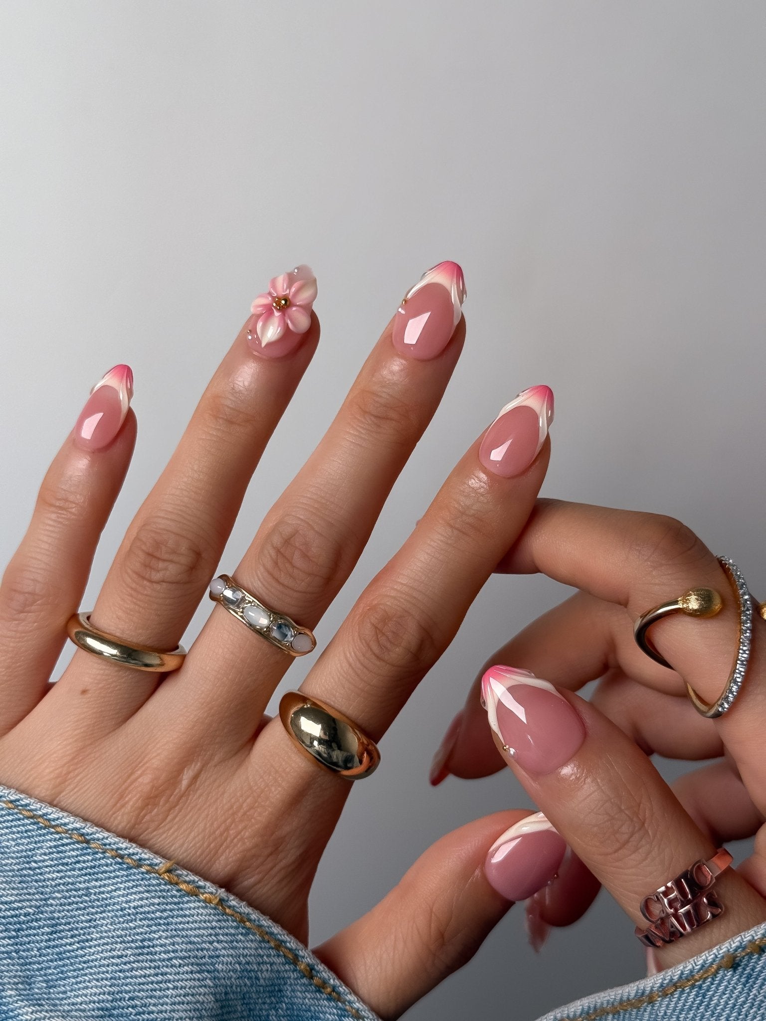 Handmade Pink Flower French Tip Press-On Nails – Short Almond