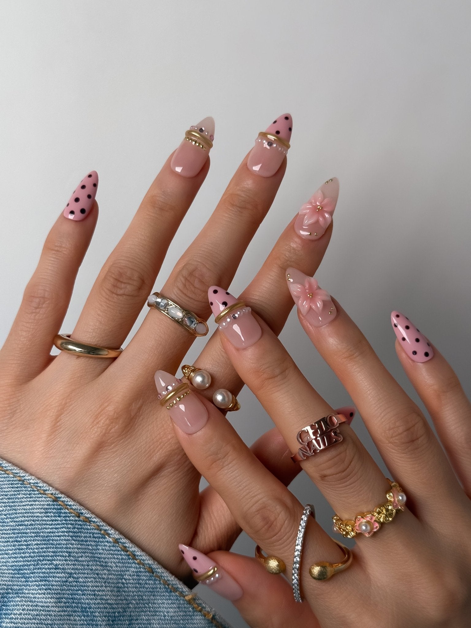 Medium Almond Pink Polka Dot Press-On Nails with 3D Flowers