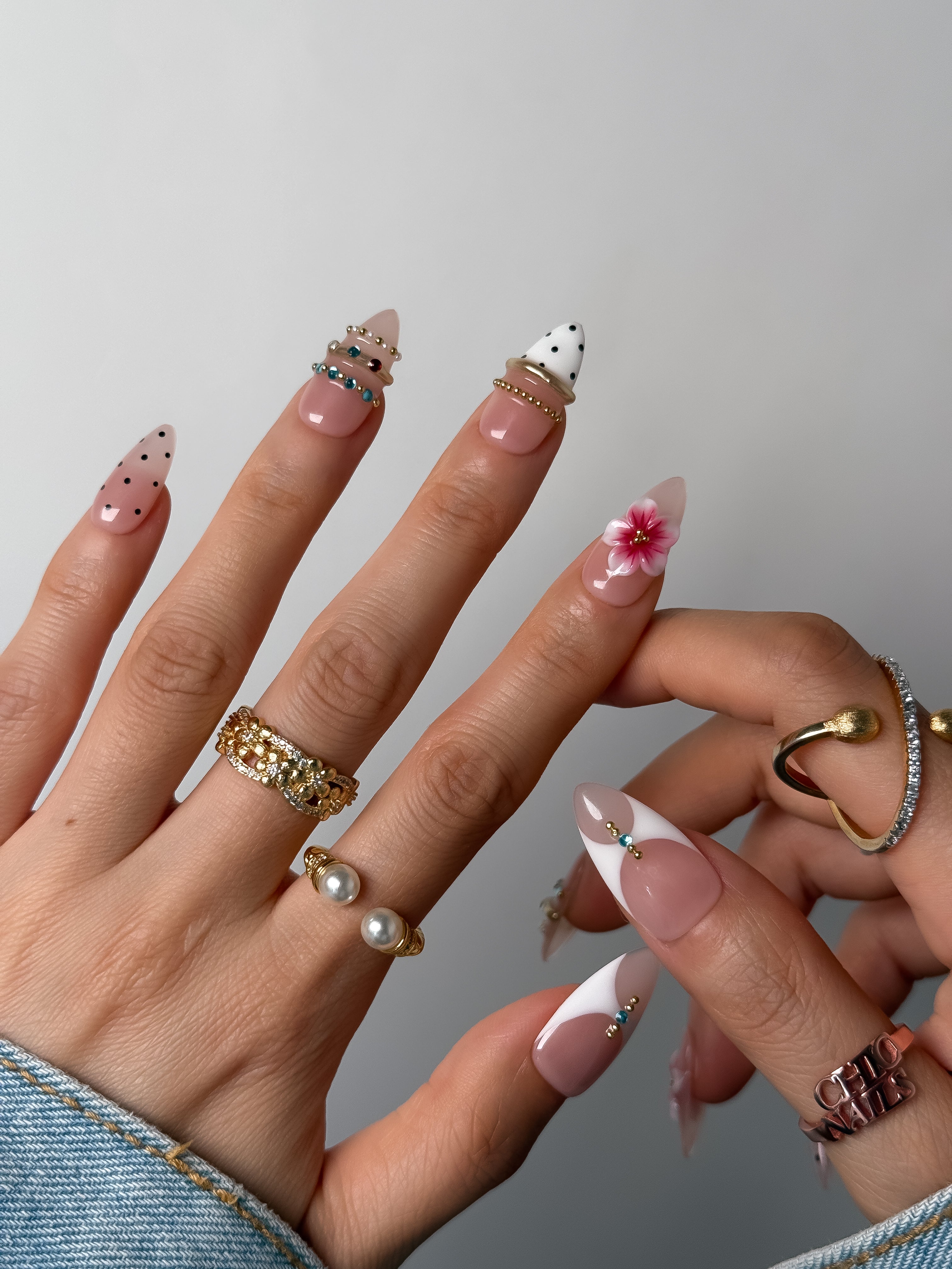 Medium Almond Pink & White Polka Dot Press-On Nails with 3D Flowers