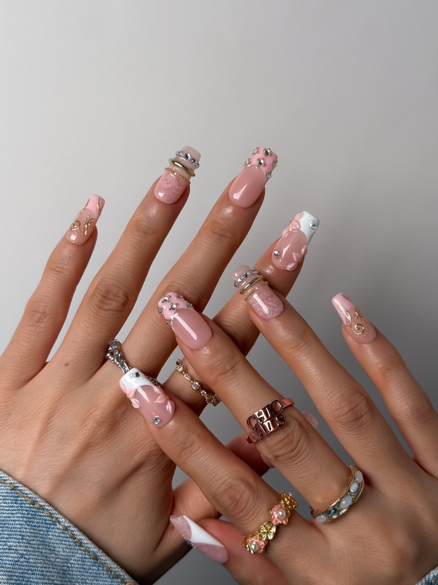 Blush Pink 3D Floral Medium Square Press On Nails