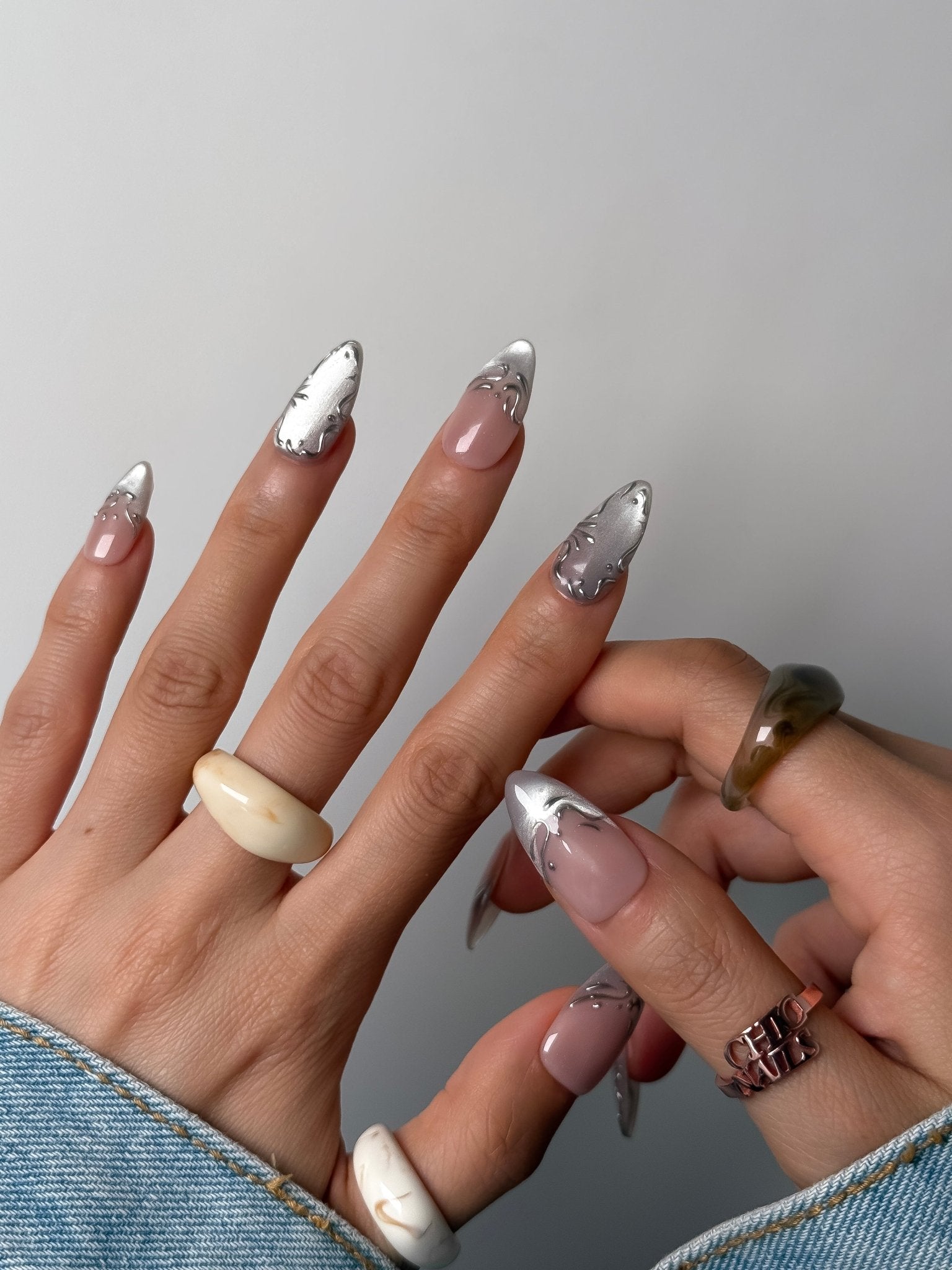 Handmade Silver Chrome Molten Press-On Nails – Medium Almond