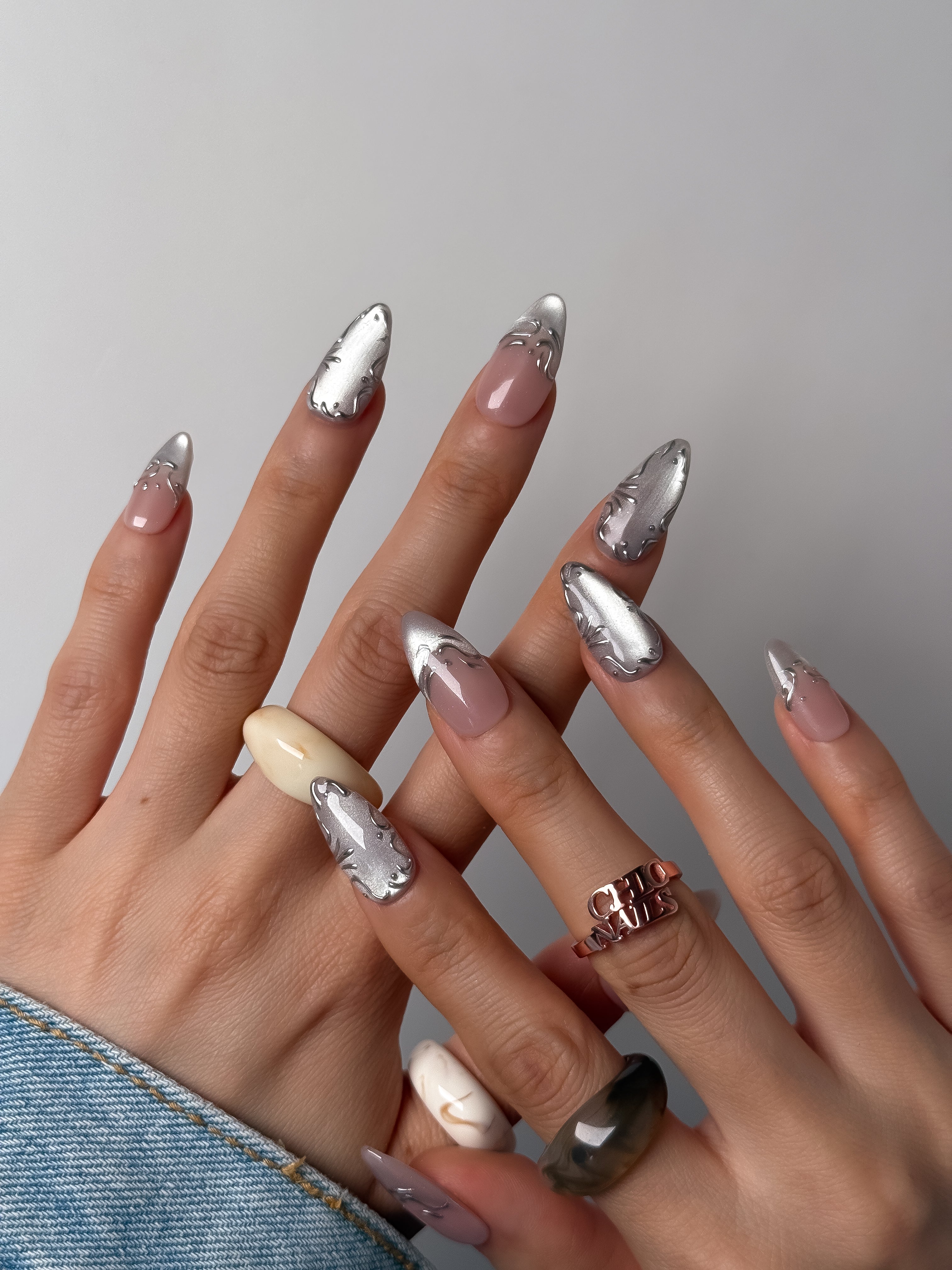 Handmade Silver Chrome Molten Press-On Nails – Medium Almond