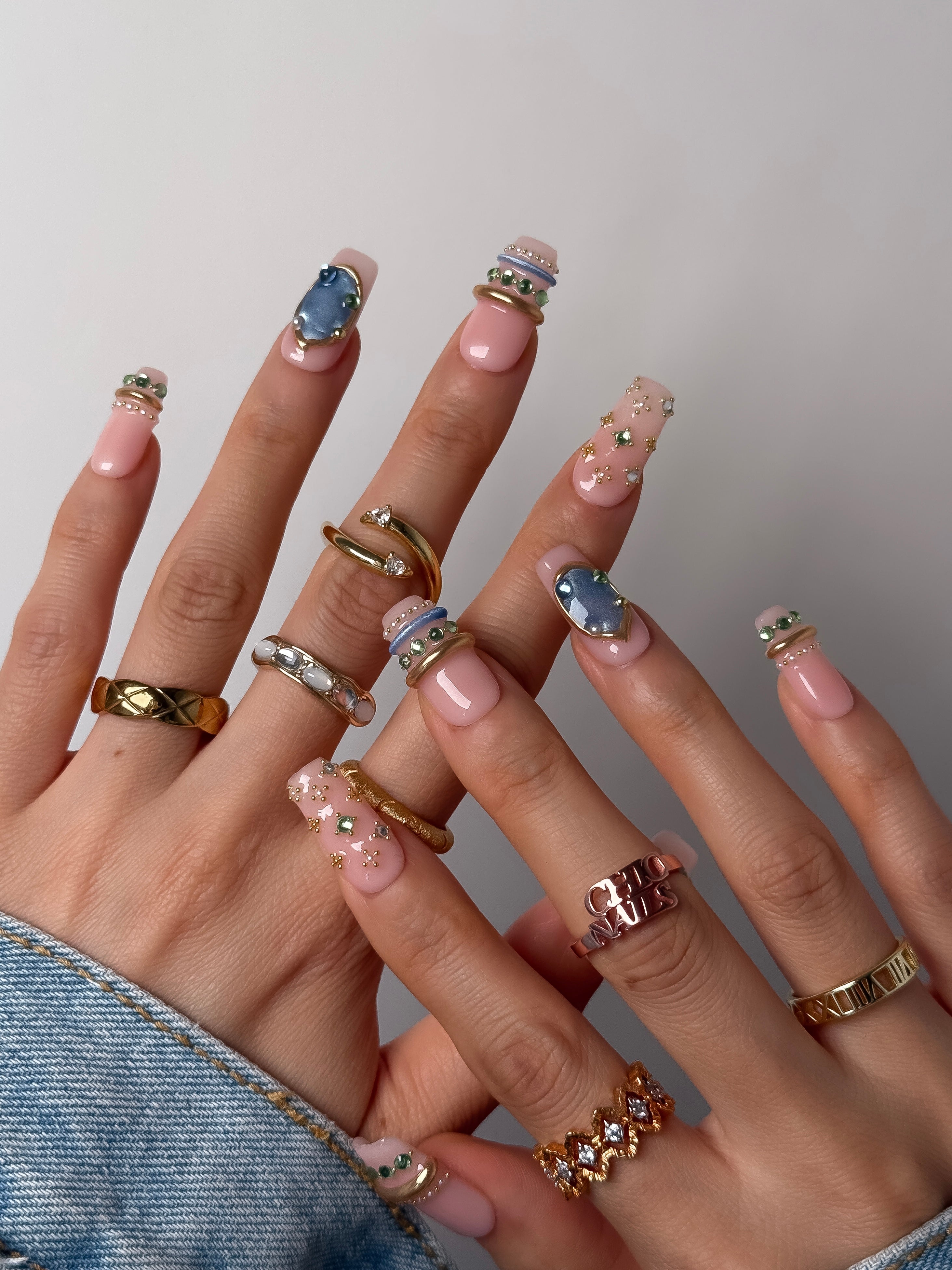 Blue Gem Press On Nails | Nude Pink Square Crystal Nails