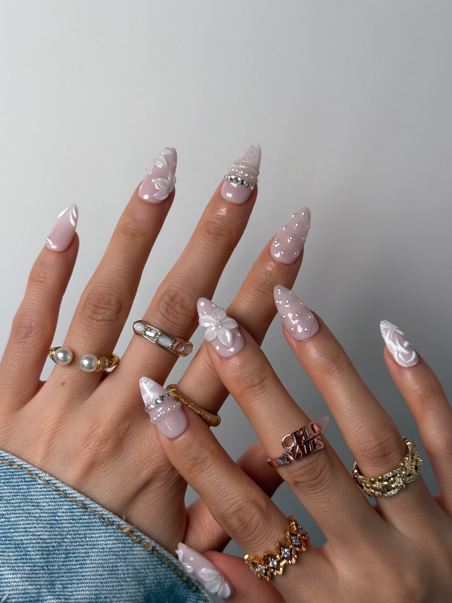 Medium Almond White Floral Lace Press-On Nails with 3D Flowers
