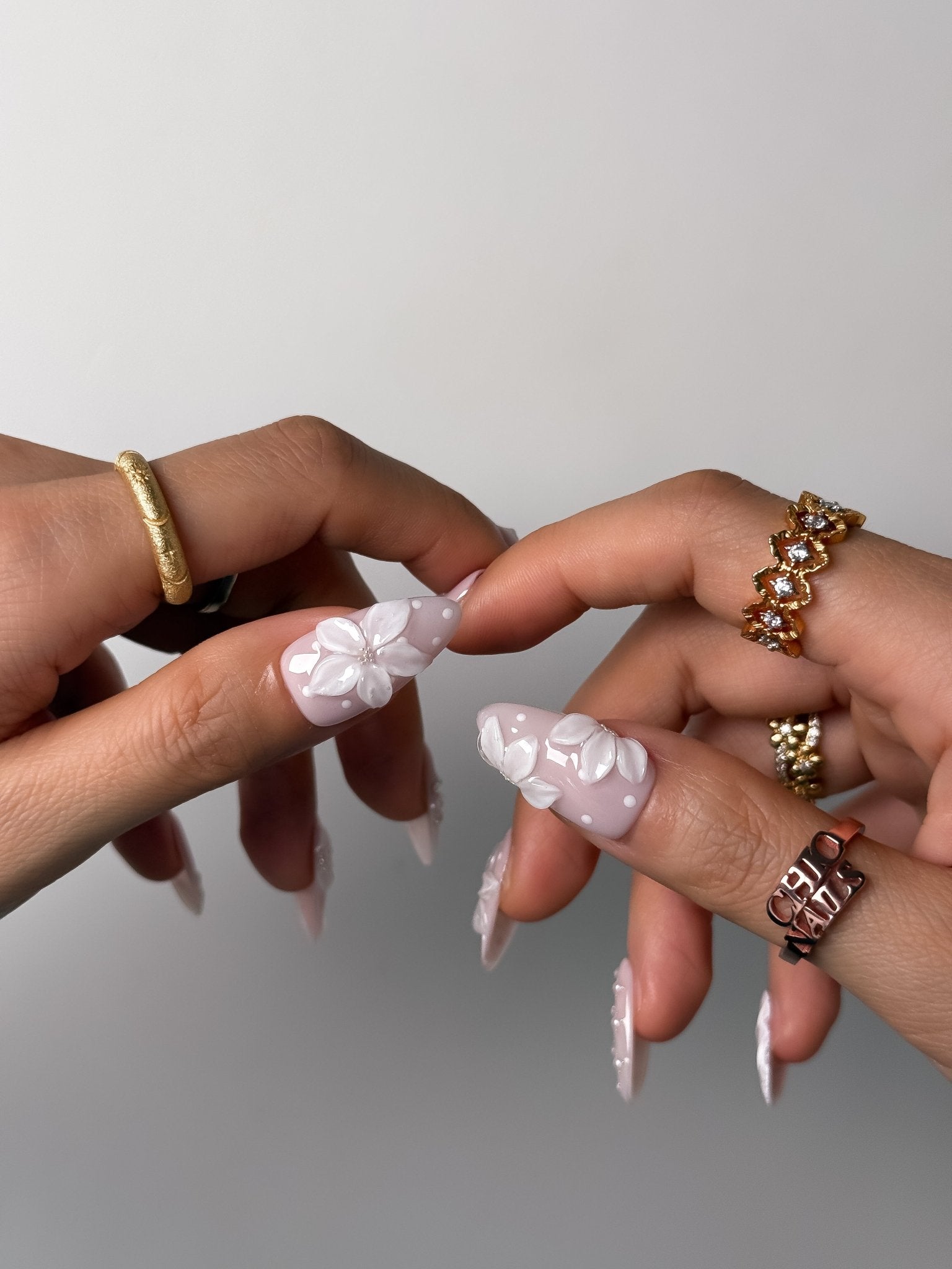 Medium Almond White Floral Lace Press-On Nails with 3D Flowers