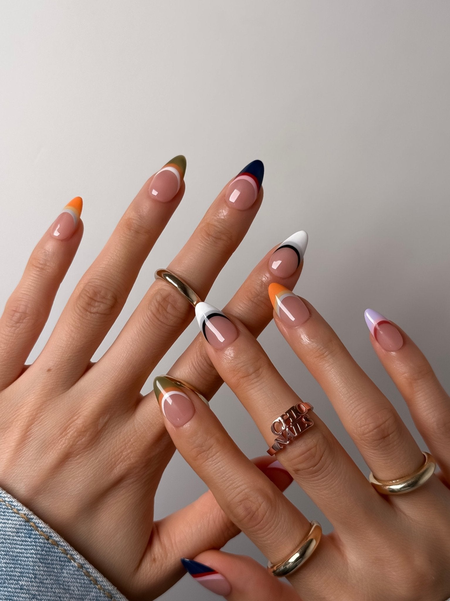 Color Block French Press On Nails | Short Almond Retro Tip Nails