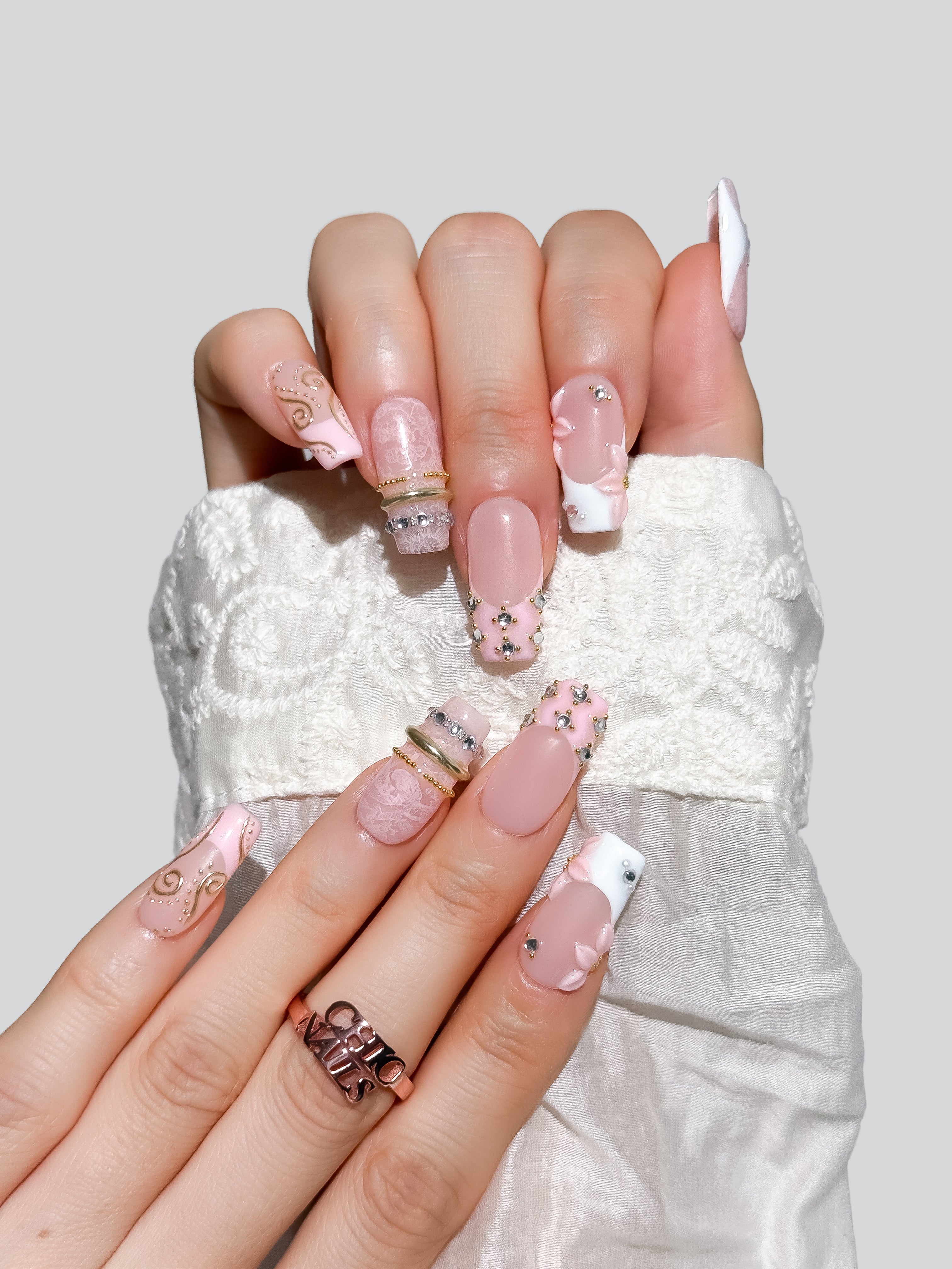 Blush Pink 3D Floral Medium Square Press On Nails