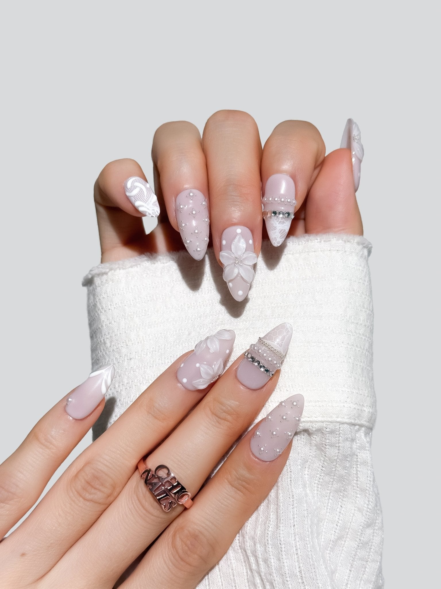 Medium Almond White Floral Lace Press-On Nails with 3D Flowers