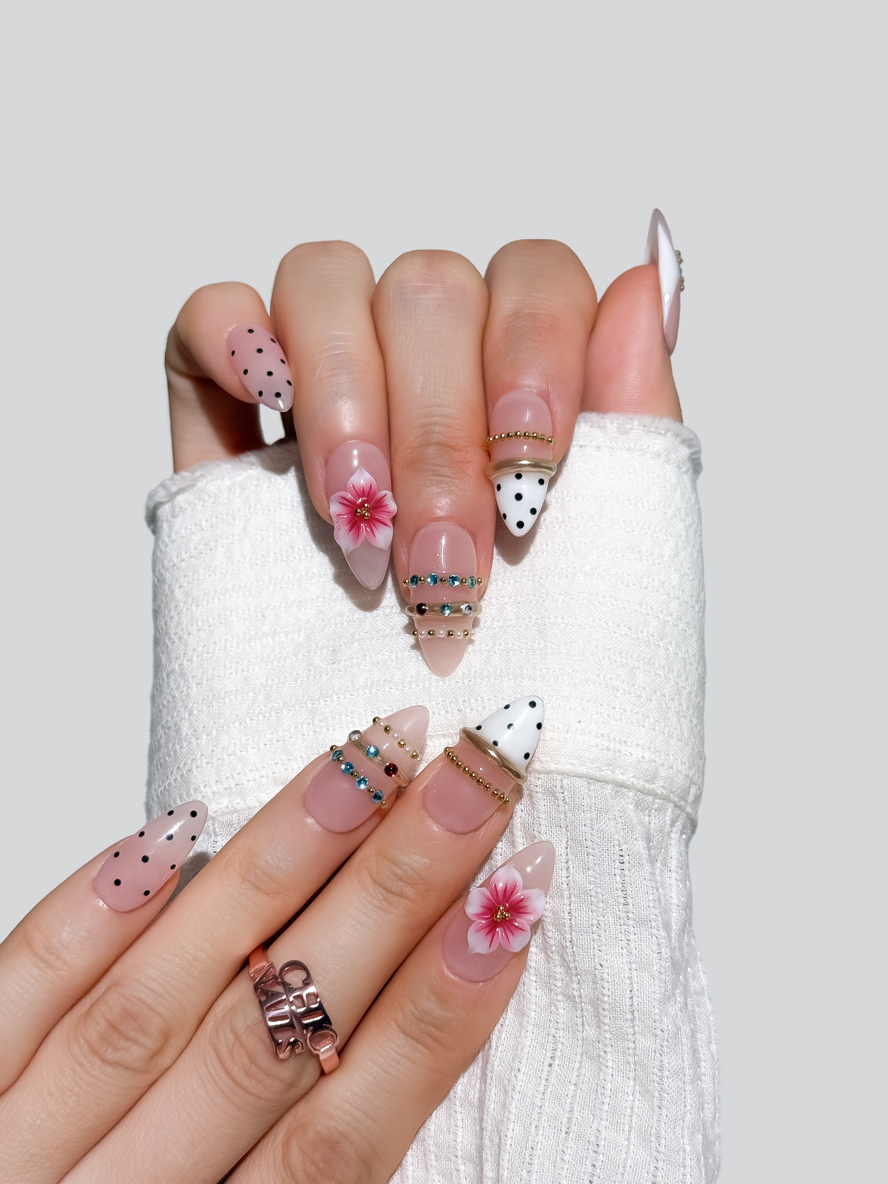 Medium Almond Pink & White Polka Dot Press-On Nails with 3D Flowers