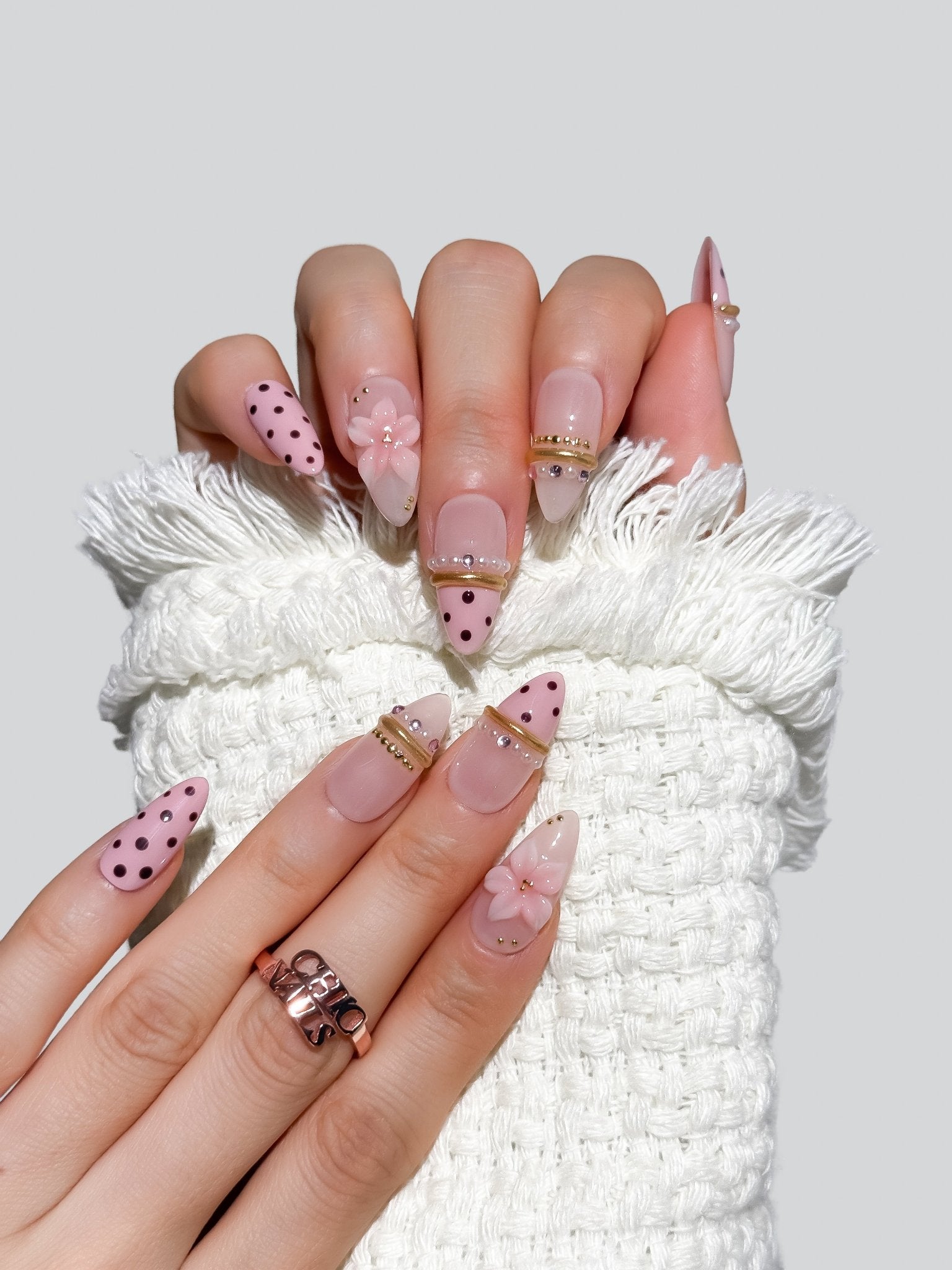 Medium Almond Pink Polka Dot Press-On Nails with 3D Flowers