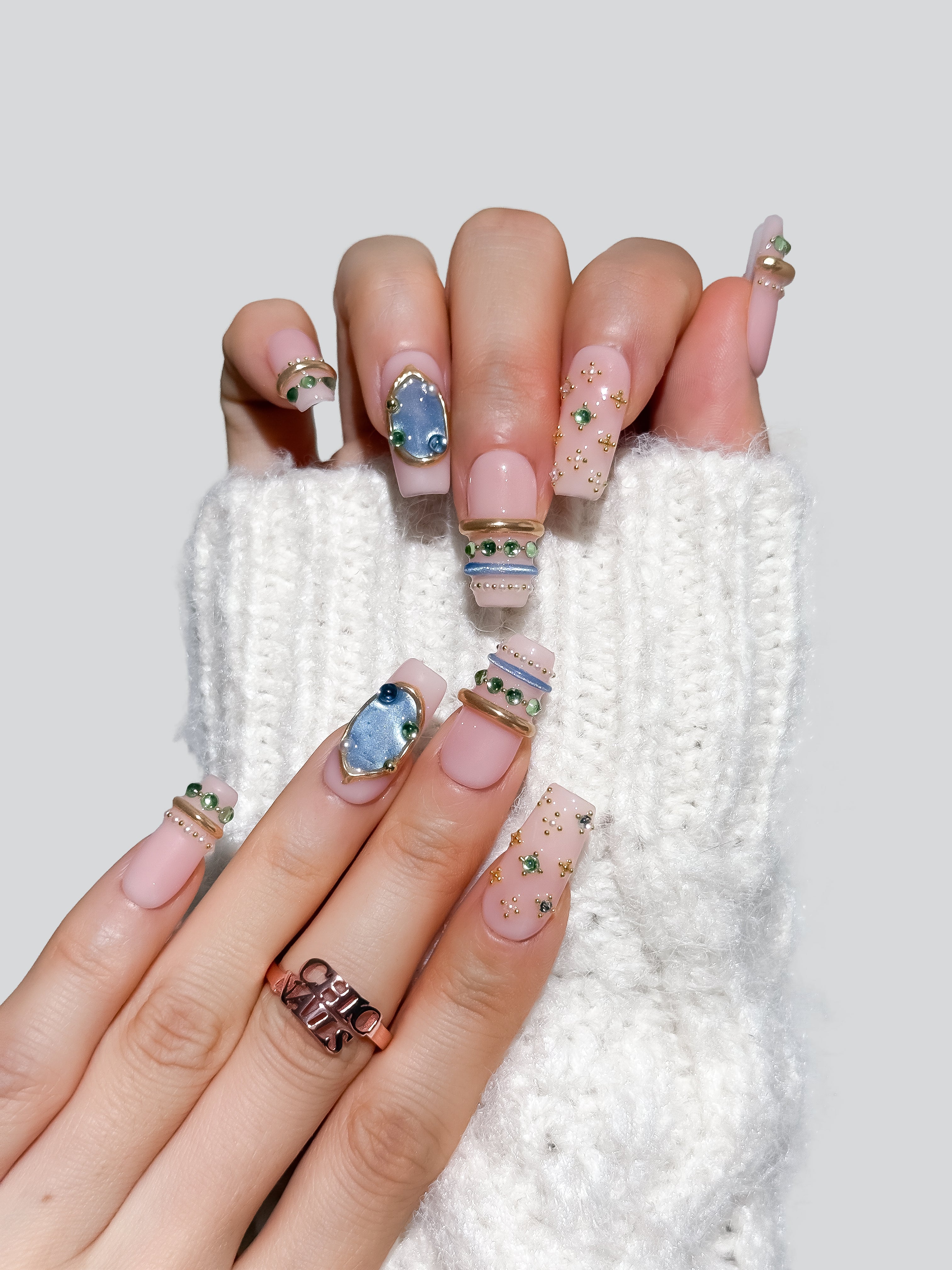 Blue Gem Press On Nails | Nude Pink Square Crystal Nails