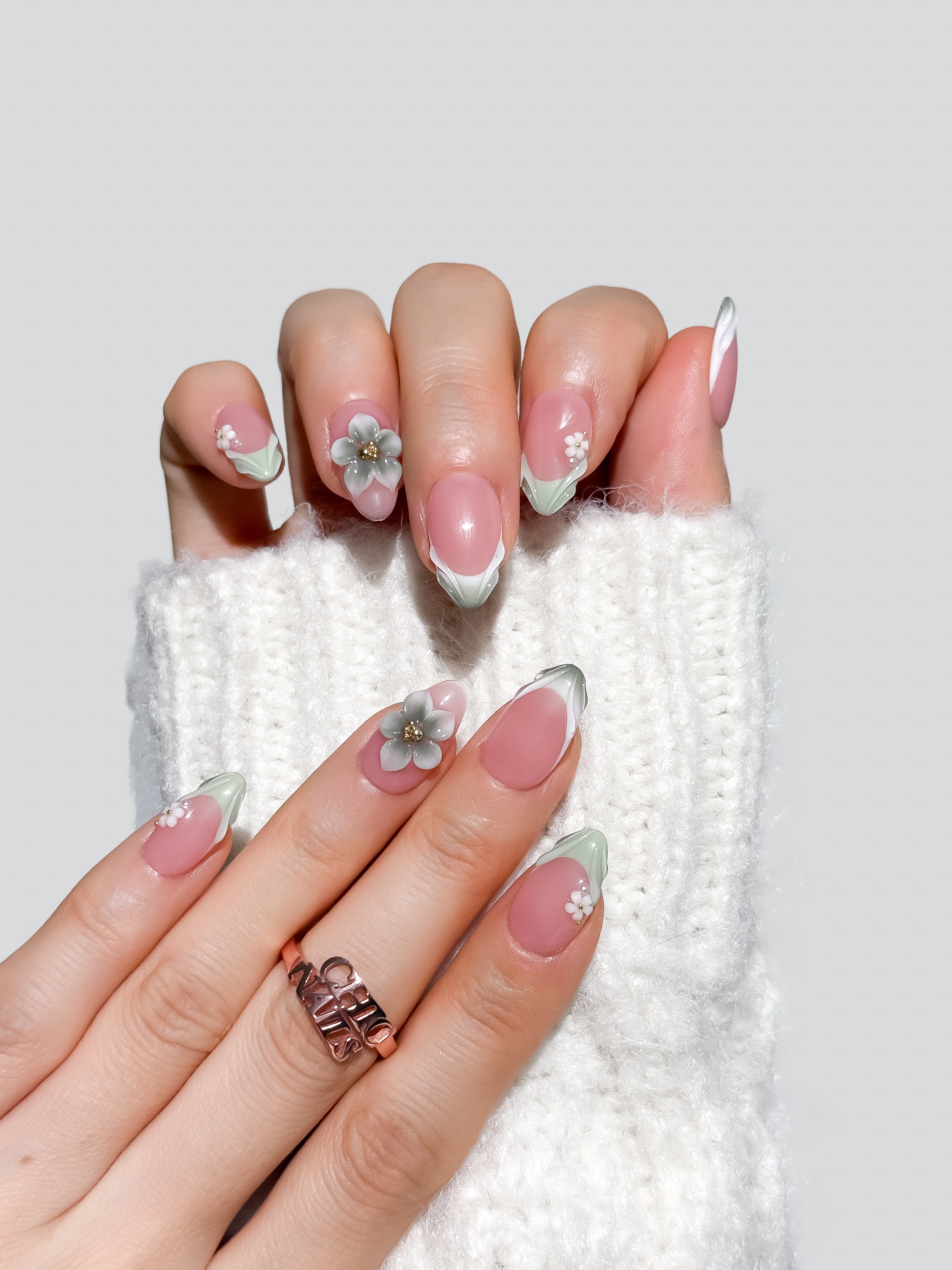 Short Almond Sage Green French Press-On Nails with 3D Flowers
