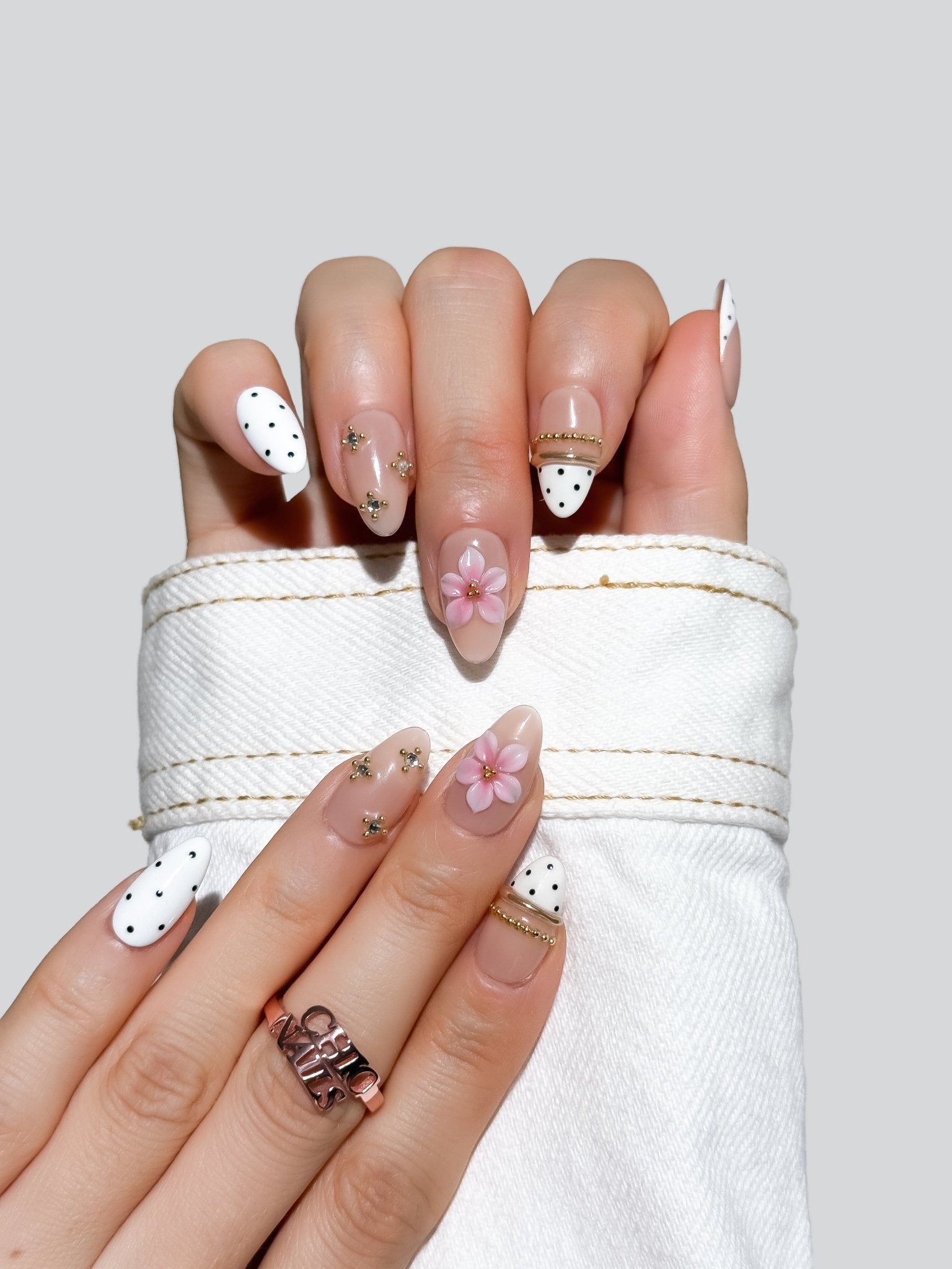 Handmade Pink Floral Polka Dot Press-On Nails – Short Almond