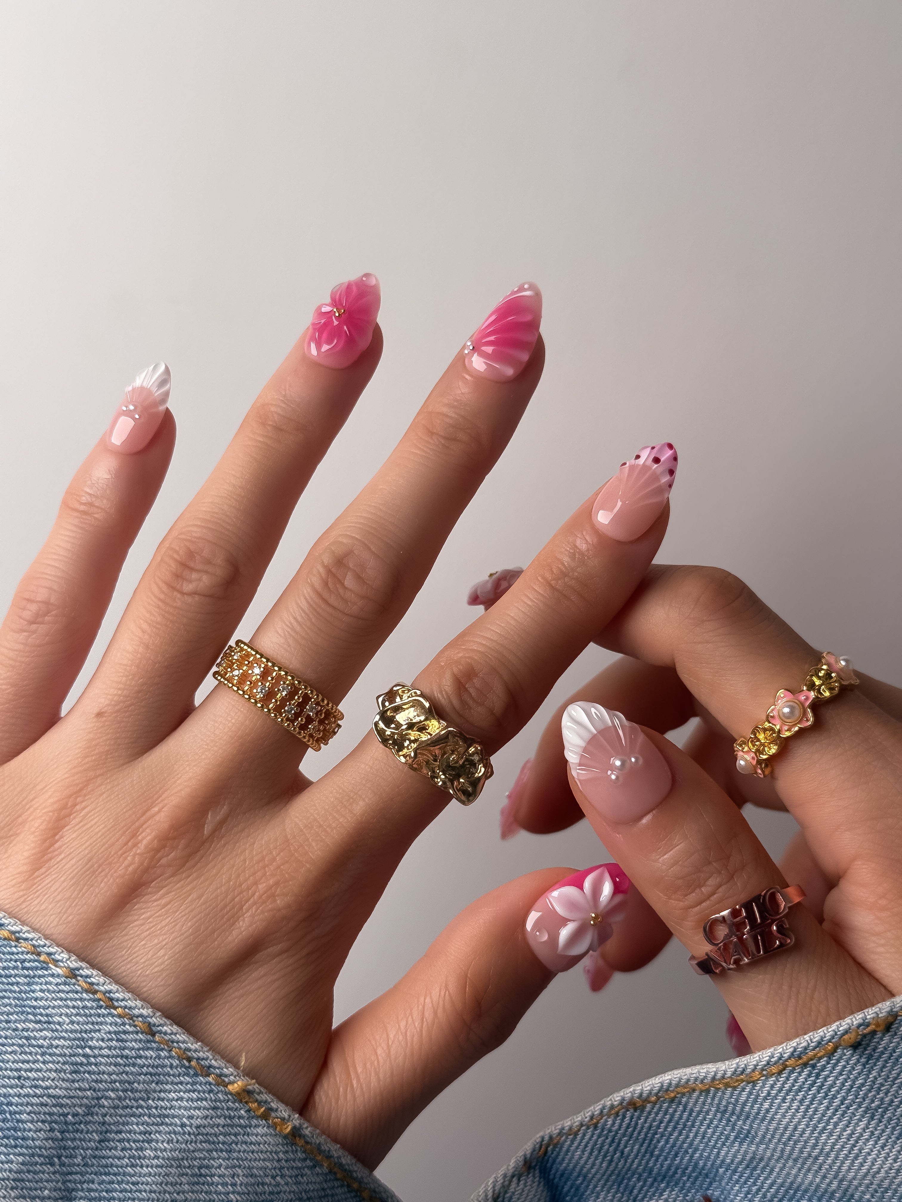 Handmade White & Pink Floral Press-On Nails – Short Almond