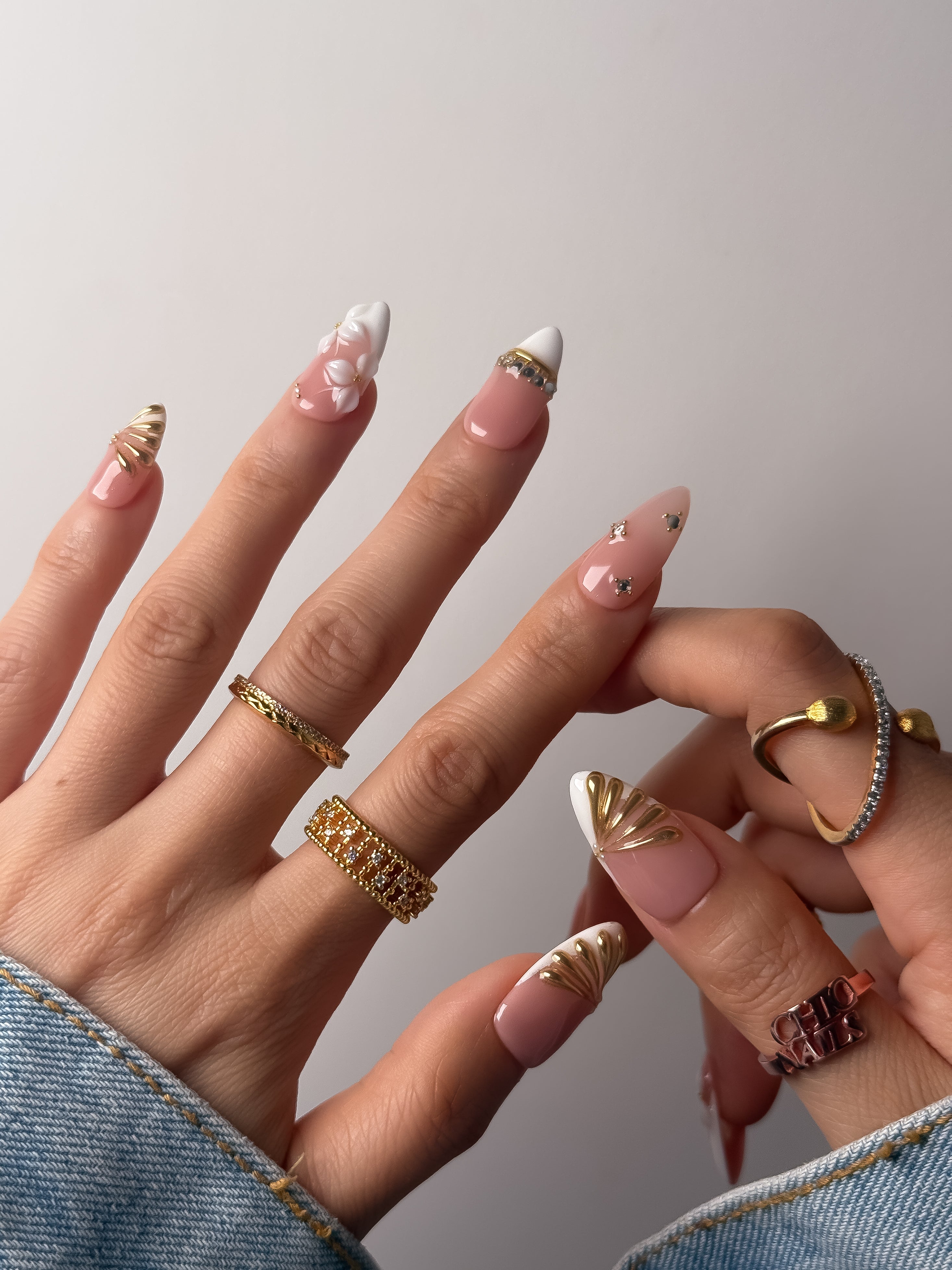Handmade White Floral French Tip Press-On Nails – Medium Almond