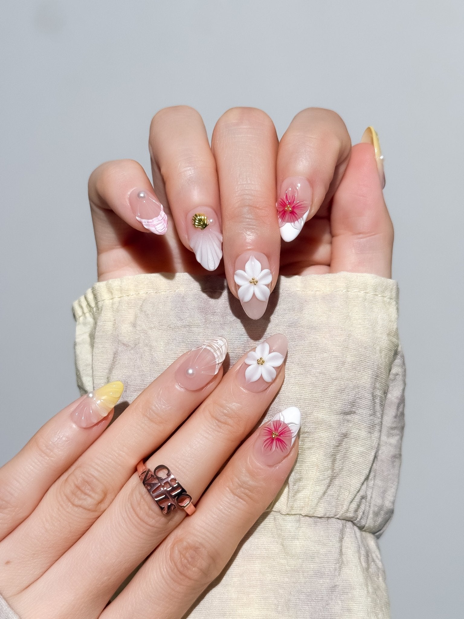 Handmade White & Pink Floral Press-On Nails – Short Almond