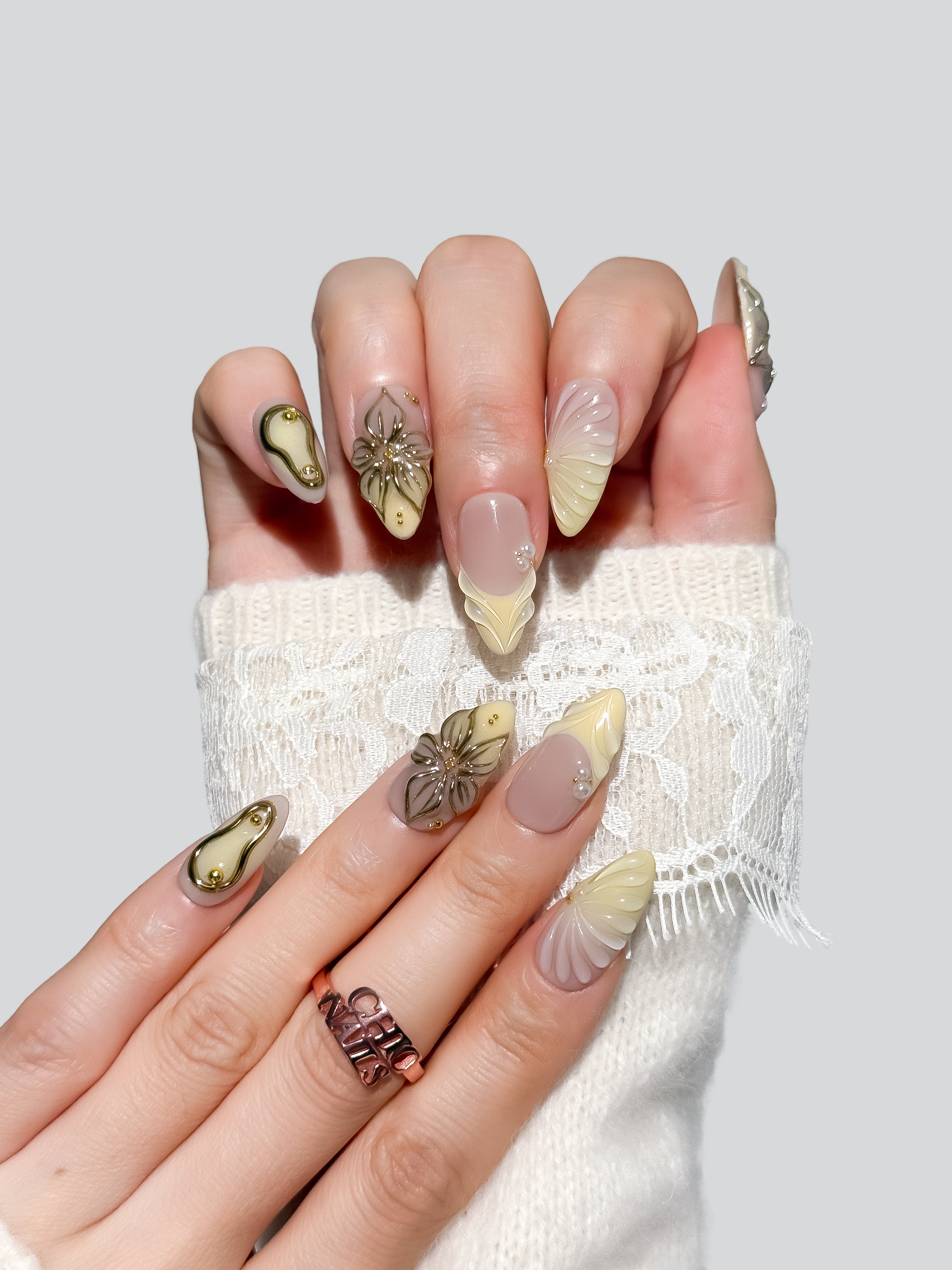 Handmade Sage Green Floral Press-On Nails – Medium Almond