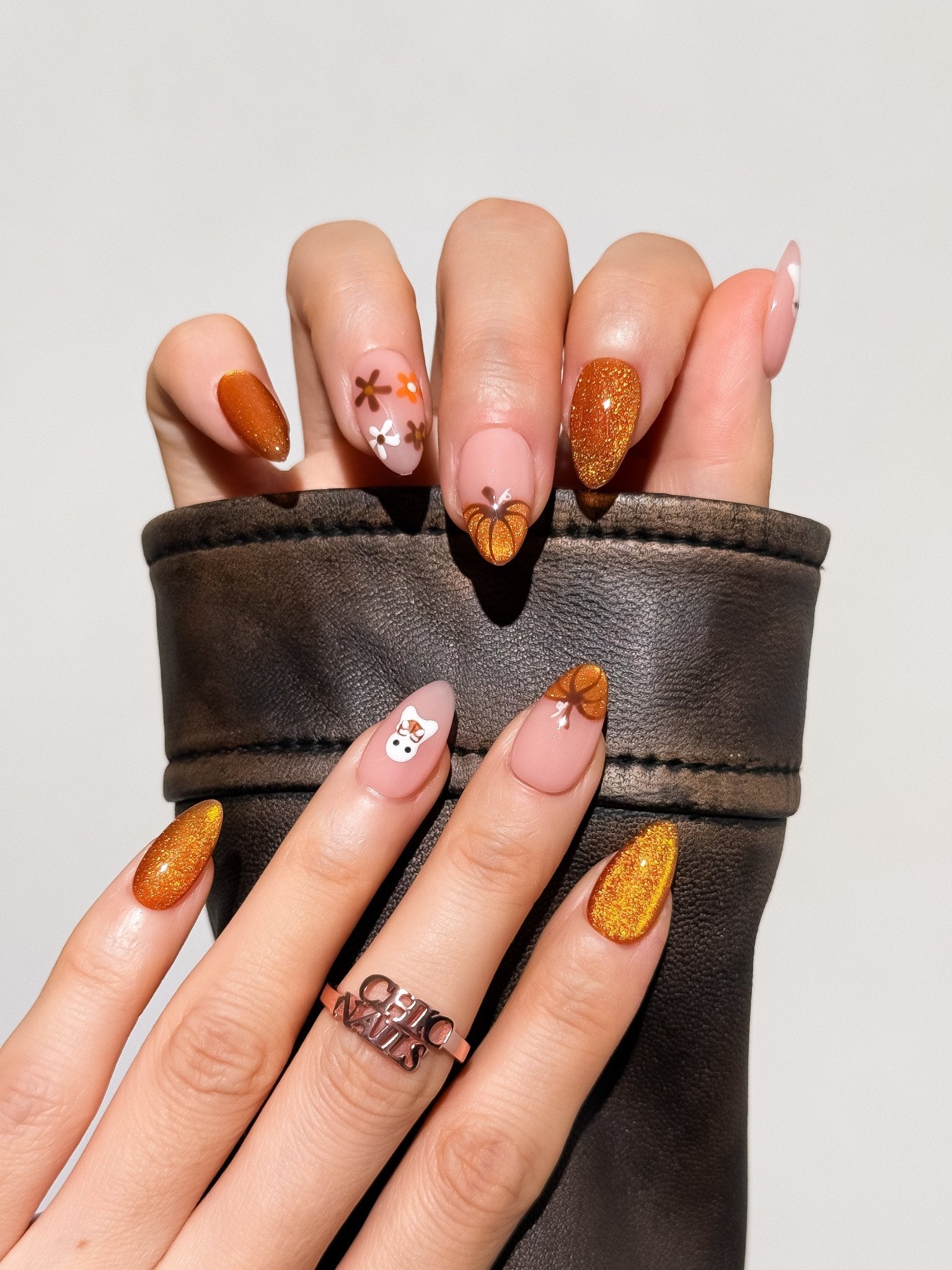 Pumpkin Petal Orange Glitter Halloween Press On Nails – Short Almond