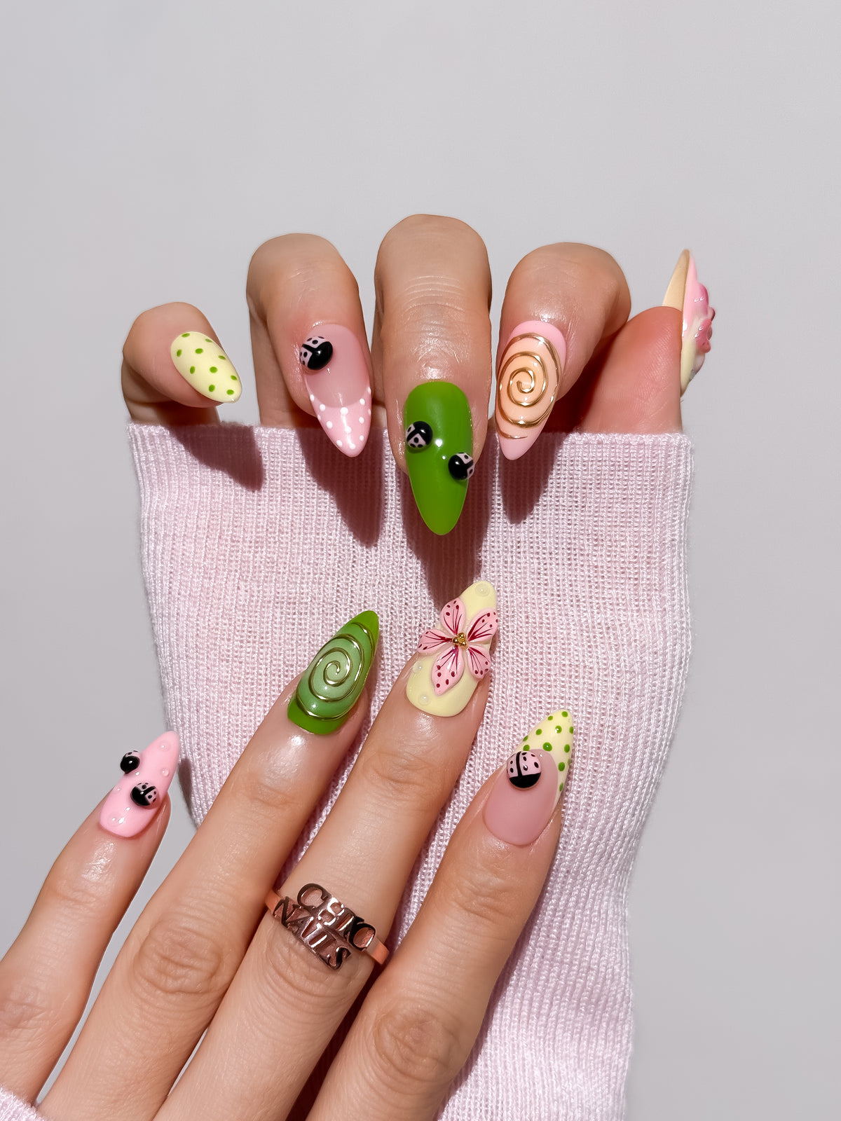 Ladybug Garden Medium Almond Press On Nails