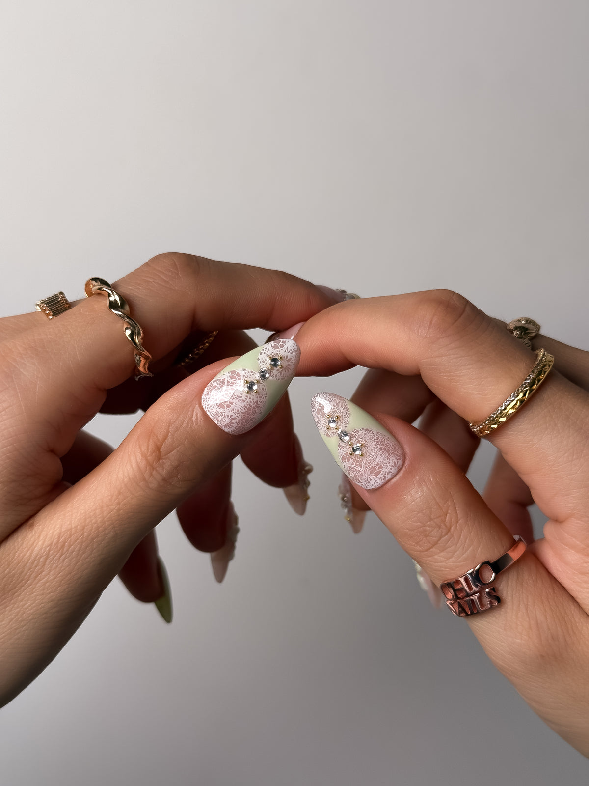 Sage Lace Medium Almond Press On Nails