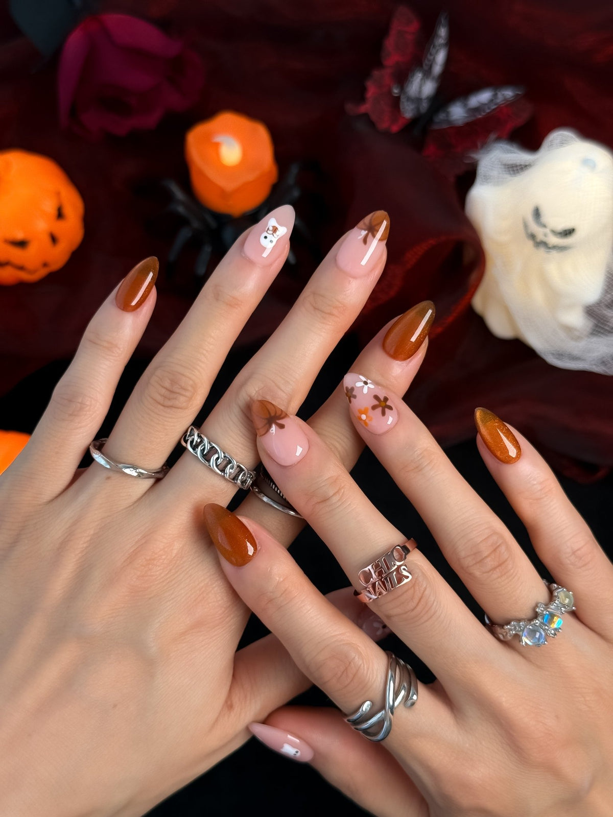 Pumpkin Petal Orange Glitter Halloween Press On Nails – Short Almond