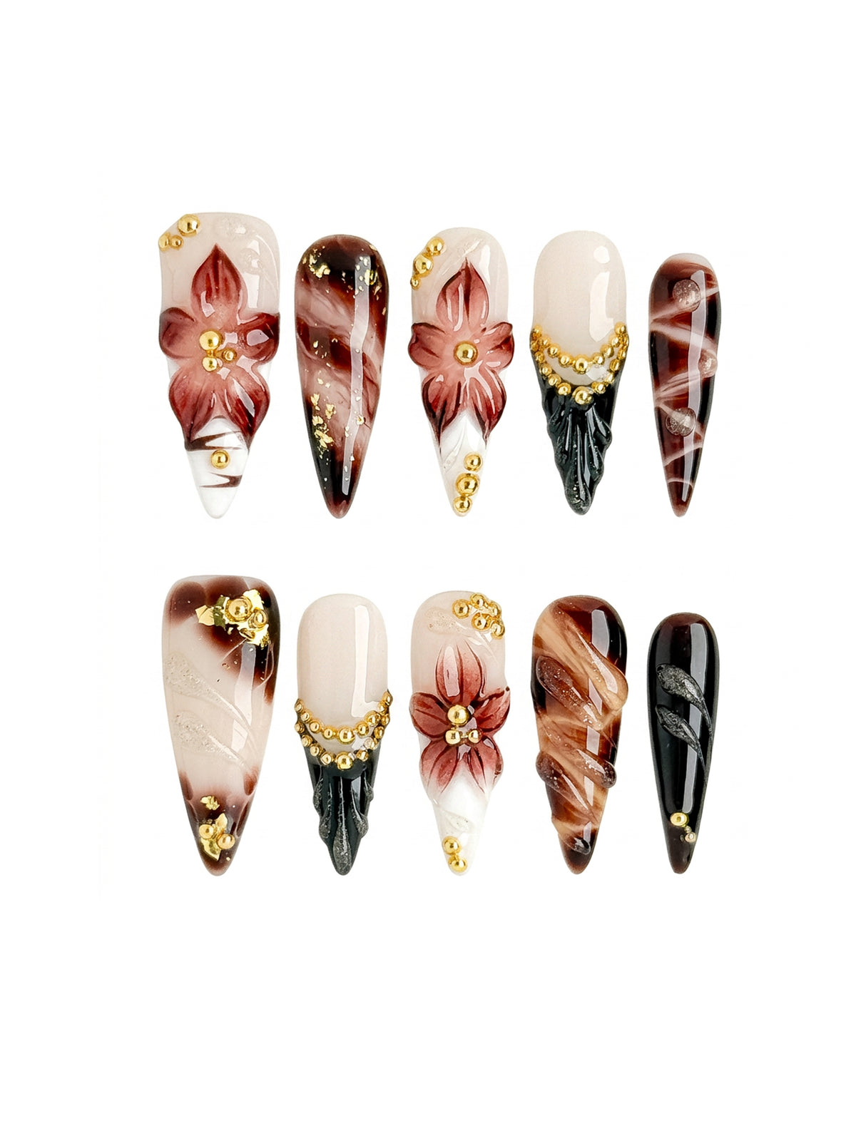 Mocha Bloom Long Stiletto Press On Nails