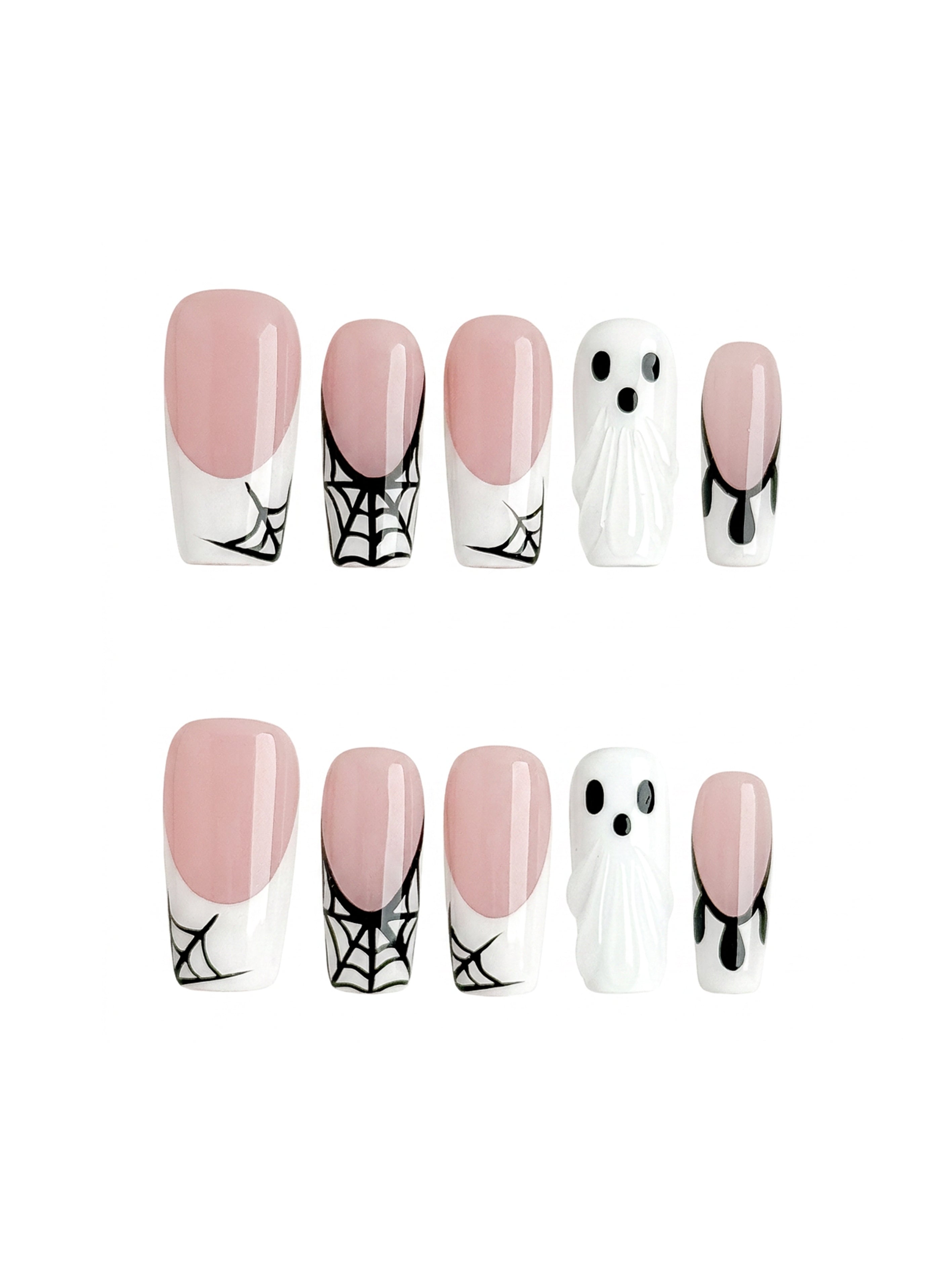 Haunted Lace Black & White Halloween Press On Nails – Medium Coffin