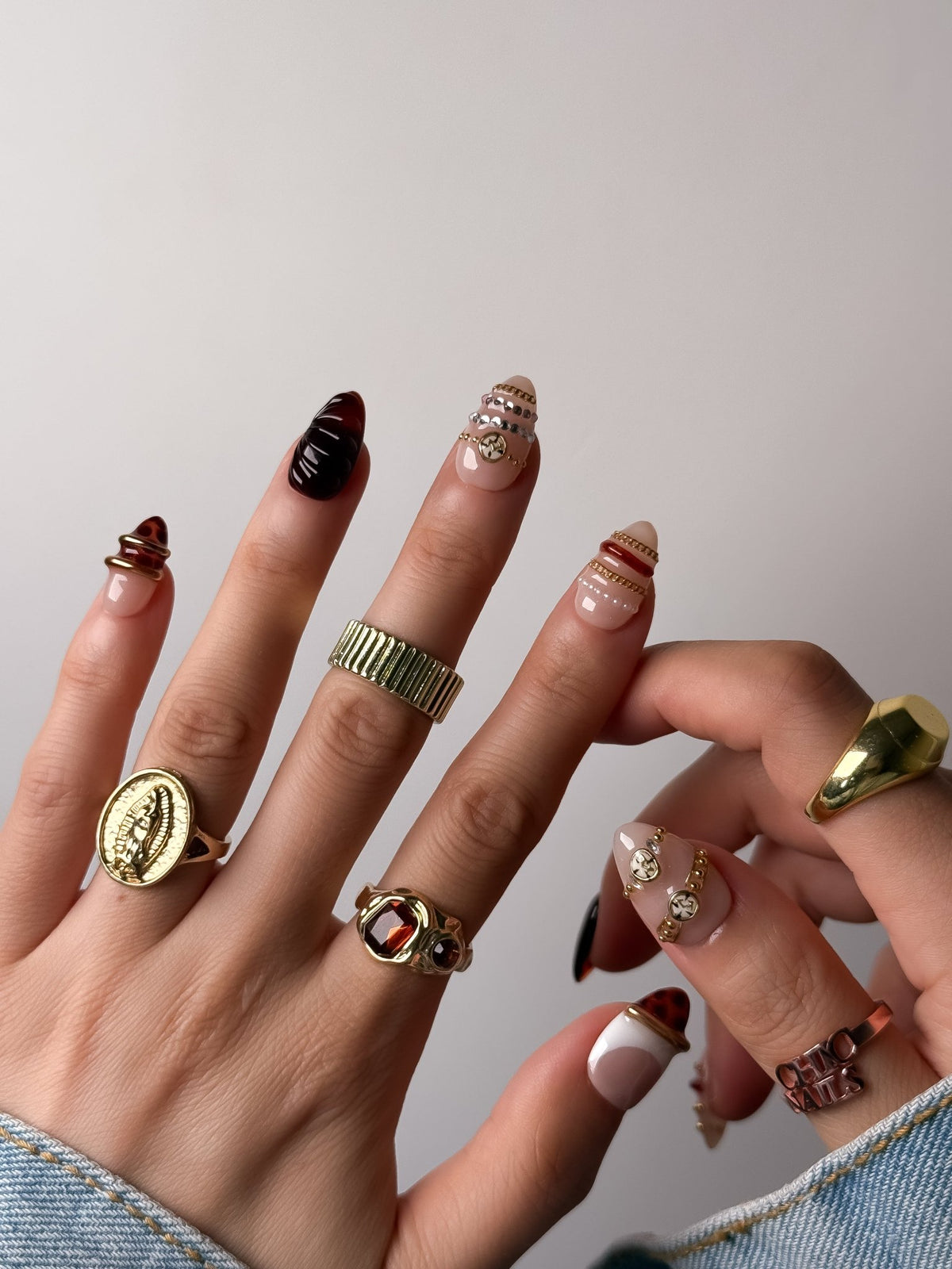 Handmade Burgundy Gold Charm Press-On Nails – Short Almond