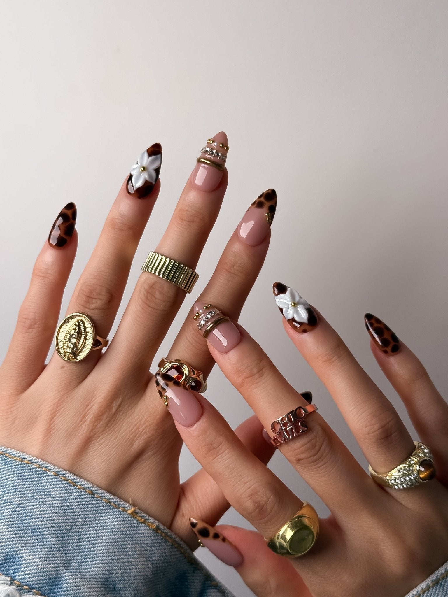 Handmade Leopard Blossom Press On Nails – Medium Almond