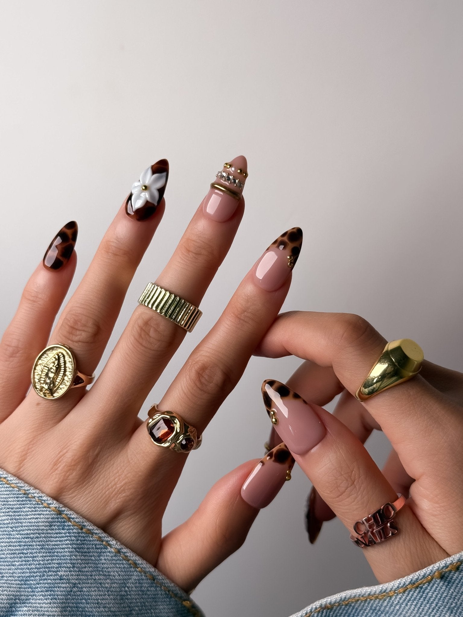 Handmade Leopard Blossom Press On Nails – Medium Almond