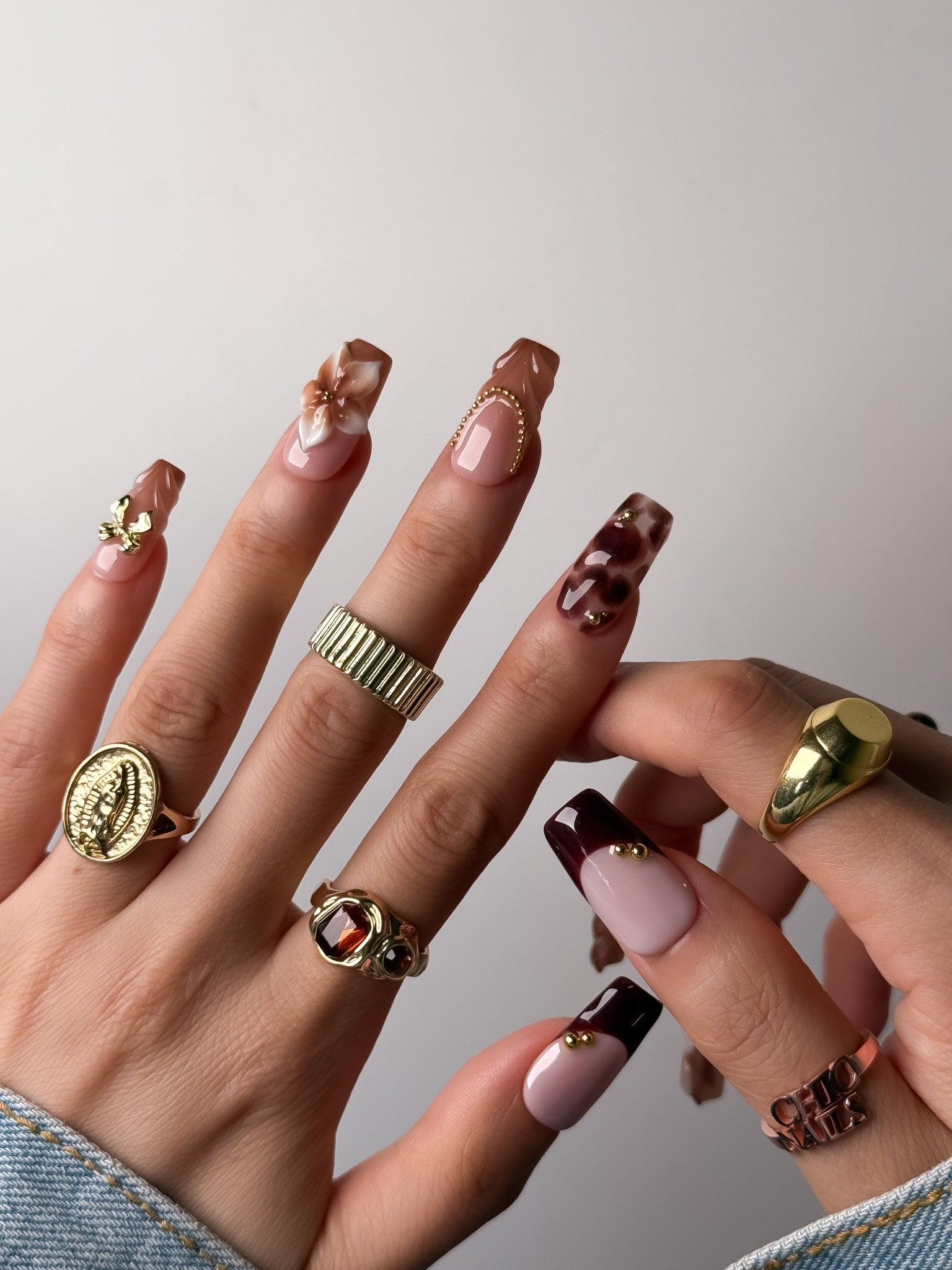 Handmade Mocha Blossom Press On Nails – Medium Square