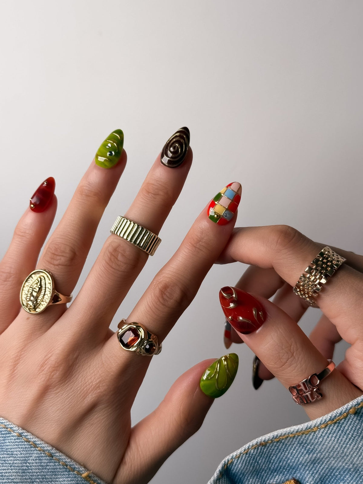 Handmade Retro Patchwork Press-On Nails – Short Almond