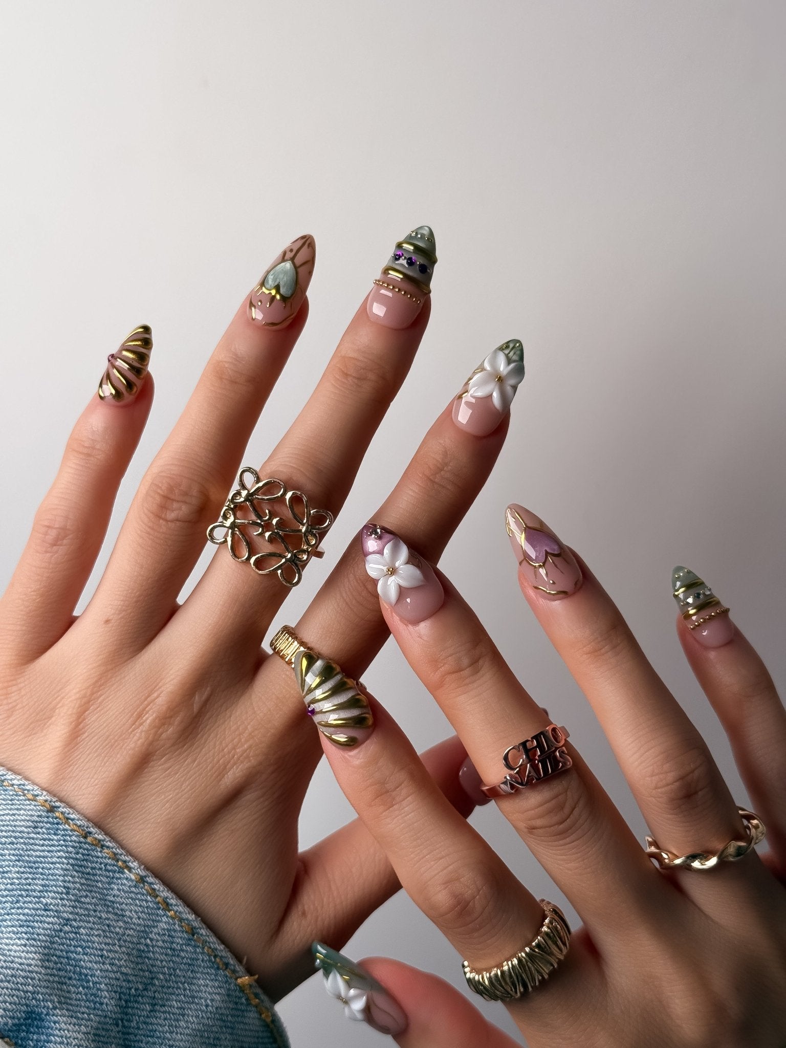 Handmade Sage Green Blossom Press On Nails – Medium Almond