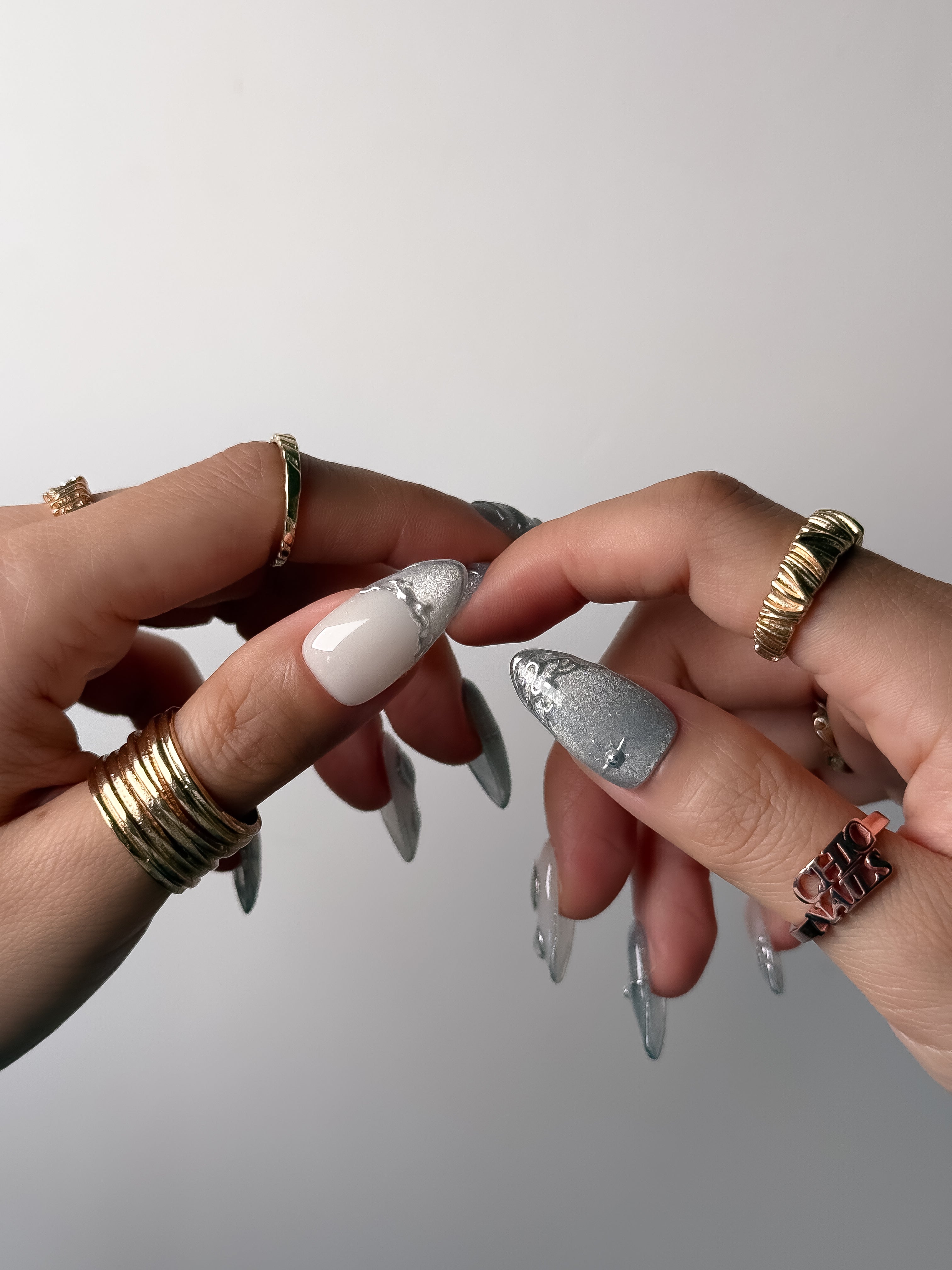 Silver Sculpted Press On Nails Medium Almond