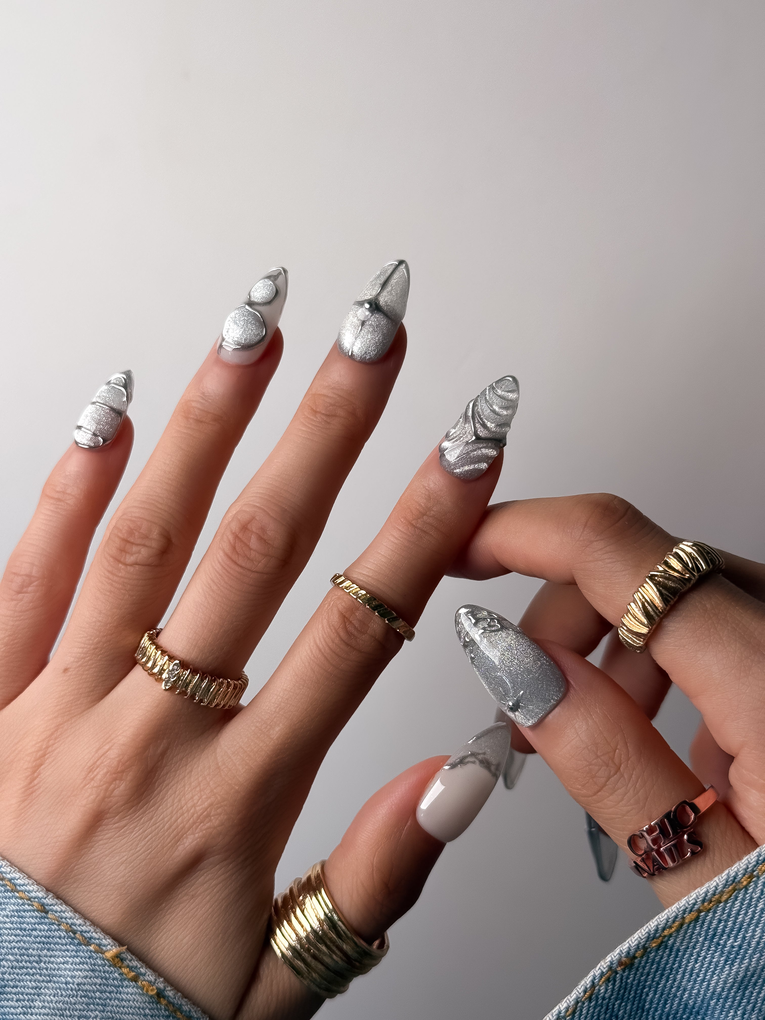 Silver Sculpted Press On Nails Medium Almond