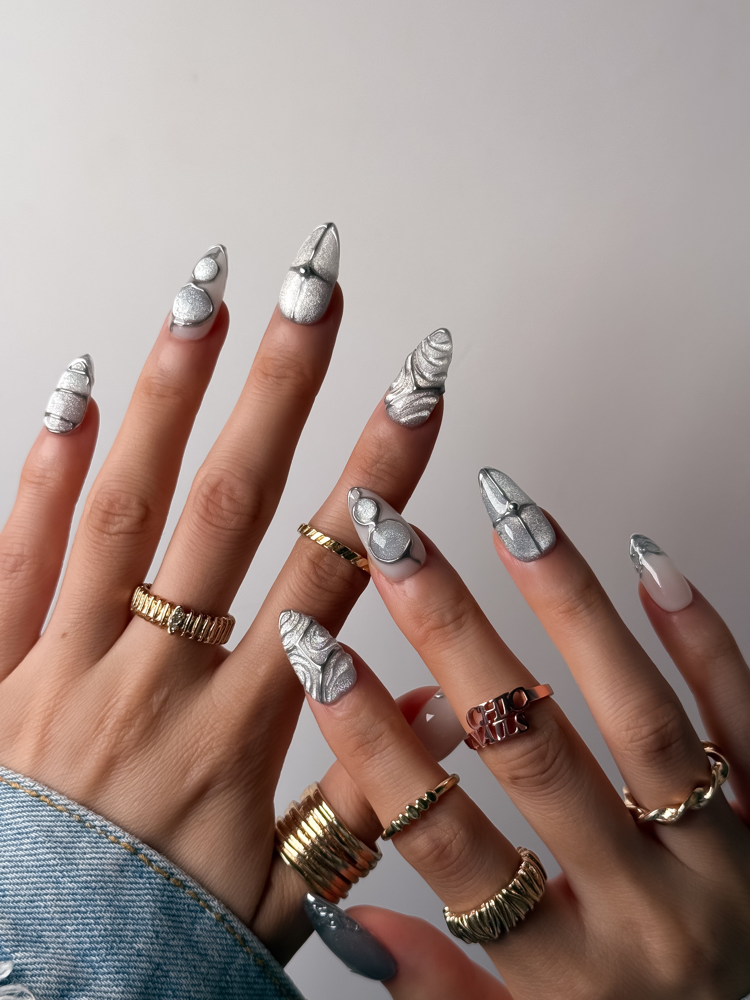 Silver Sculpted Press On Nails Medium Almond