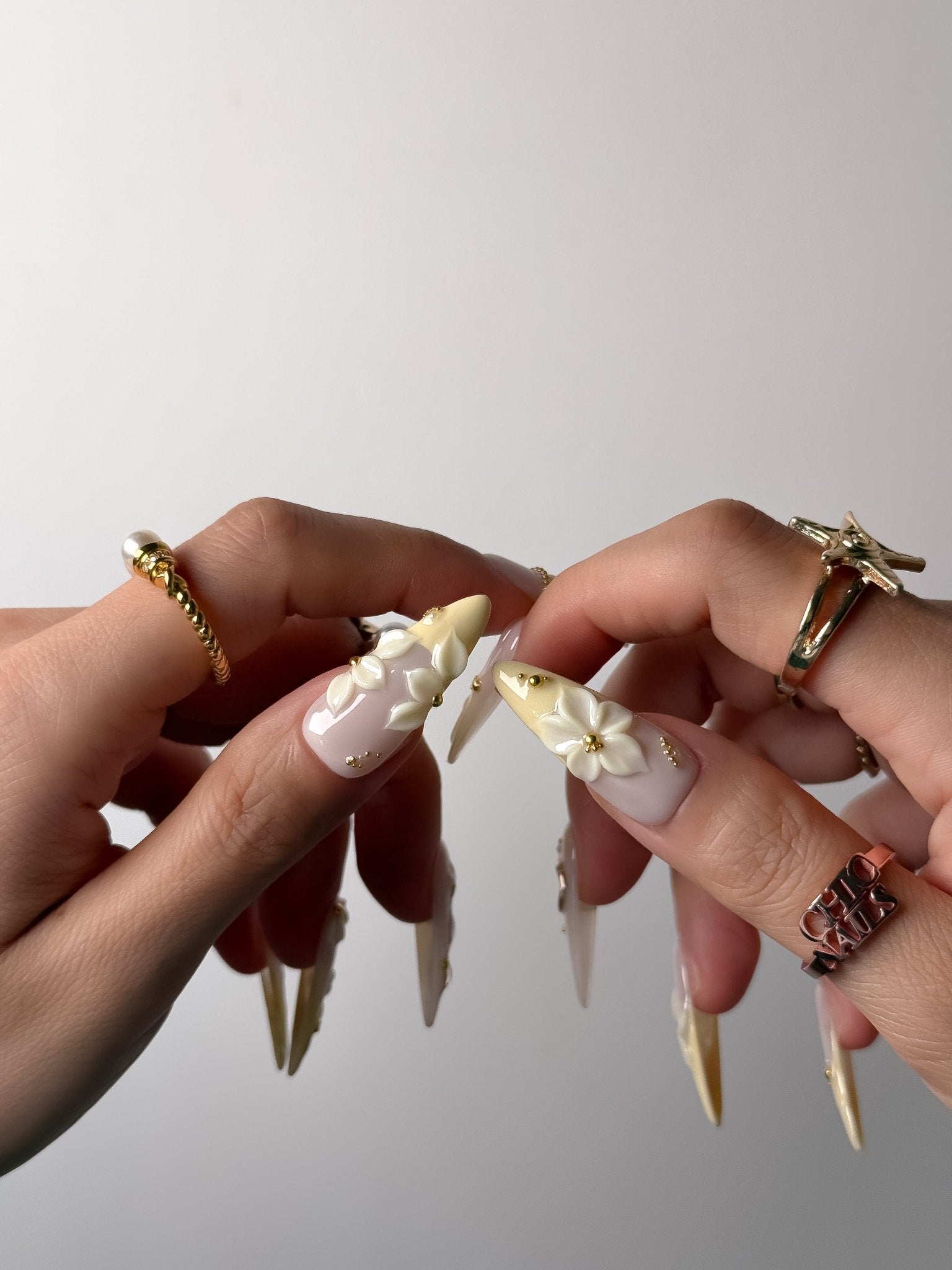 Handmade Ivory Blossom Pearl Press On Nails – Long Stiletto