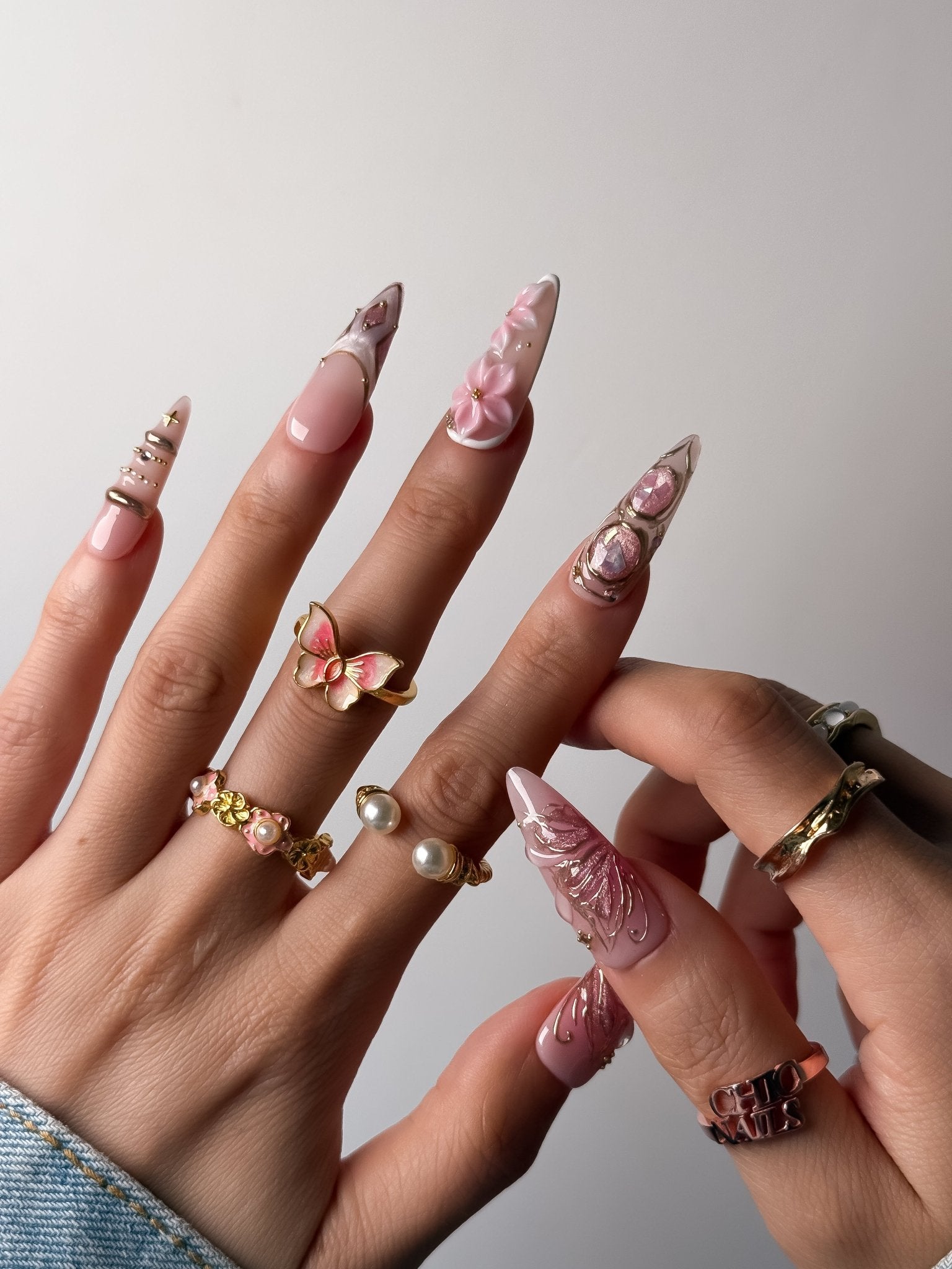 Handmade Pink Sakura Pearl Press On Nails – Long Stiletto