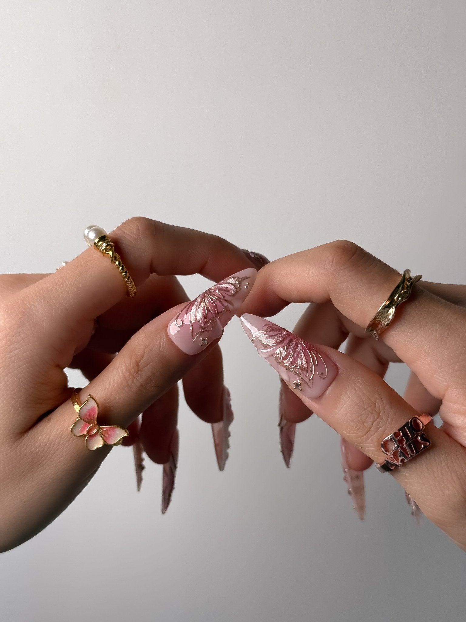 Handmade Pink Sakura Pearl Press On Nails – Long Stiletto
