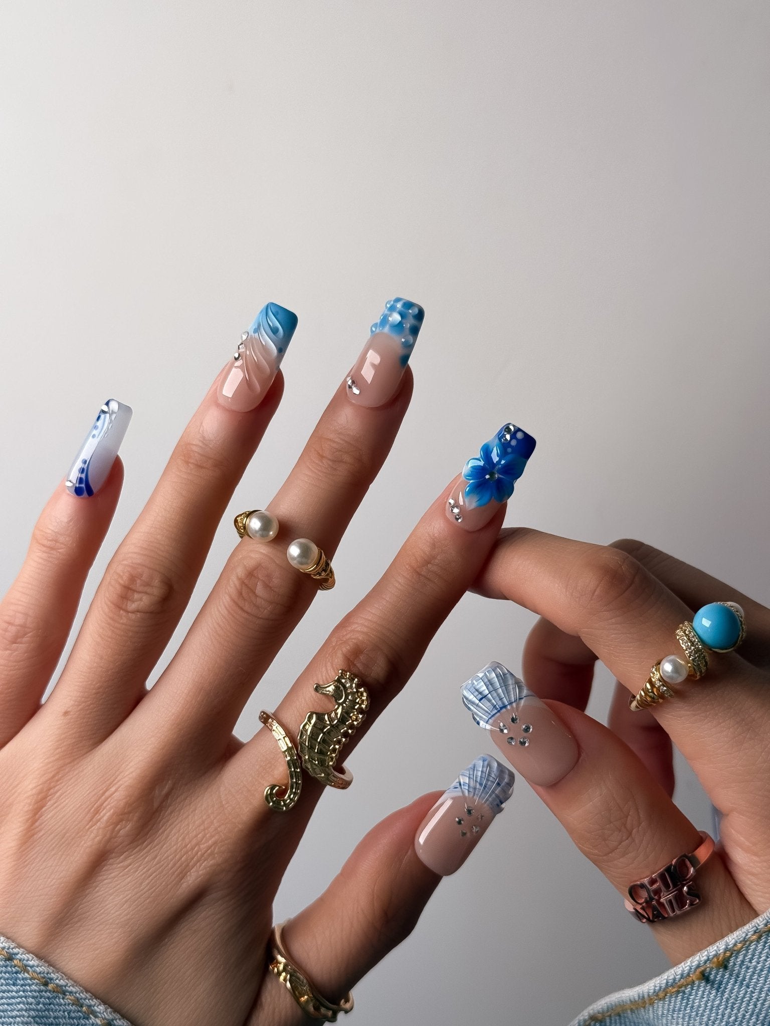Handmade Ocean Blue Floral Press-On Nails – Medium Square
