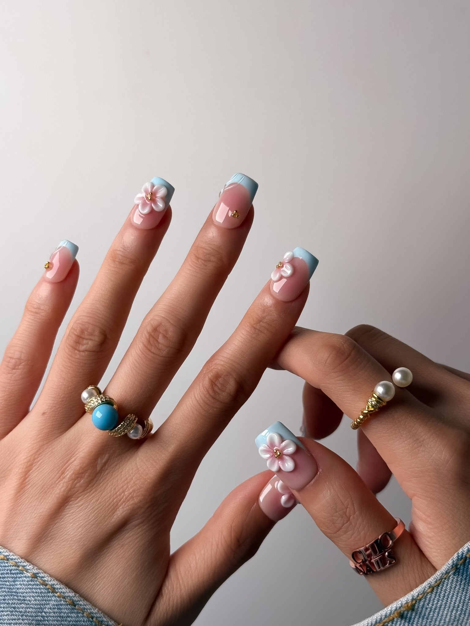 Blue French Blossom Press On Nails Short Square
