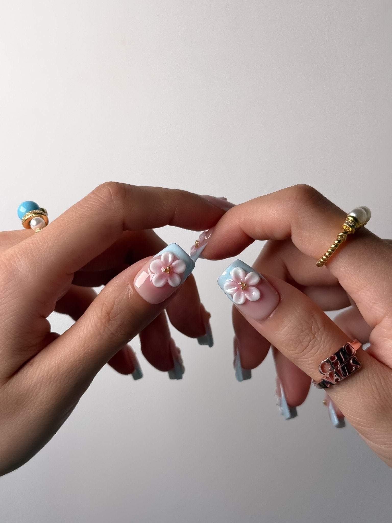 Blue French Blossom Press On Nails Short Square