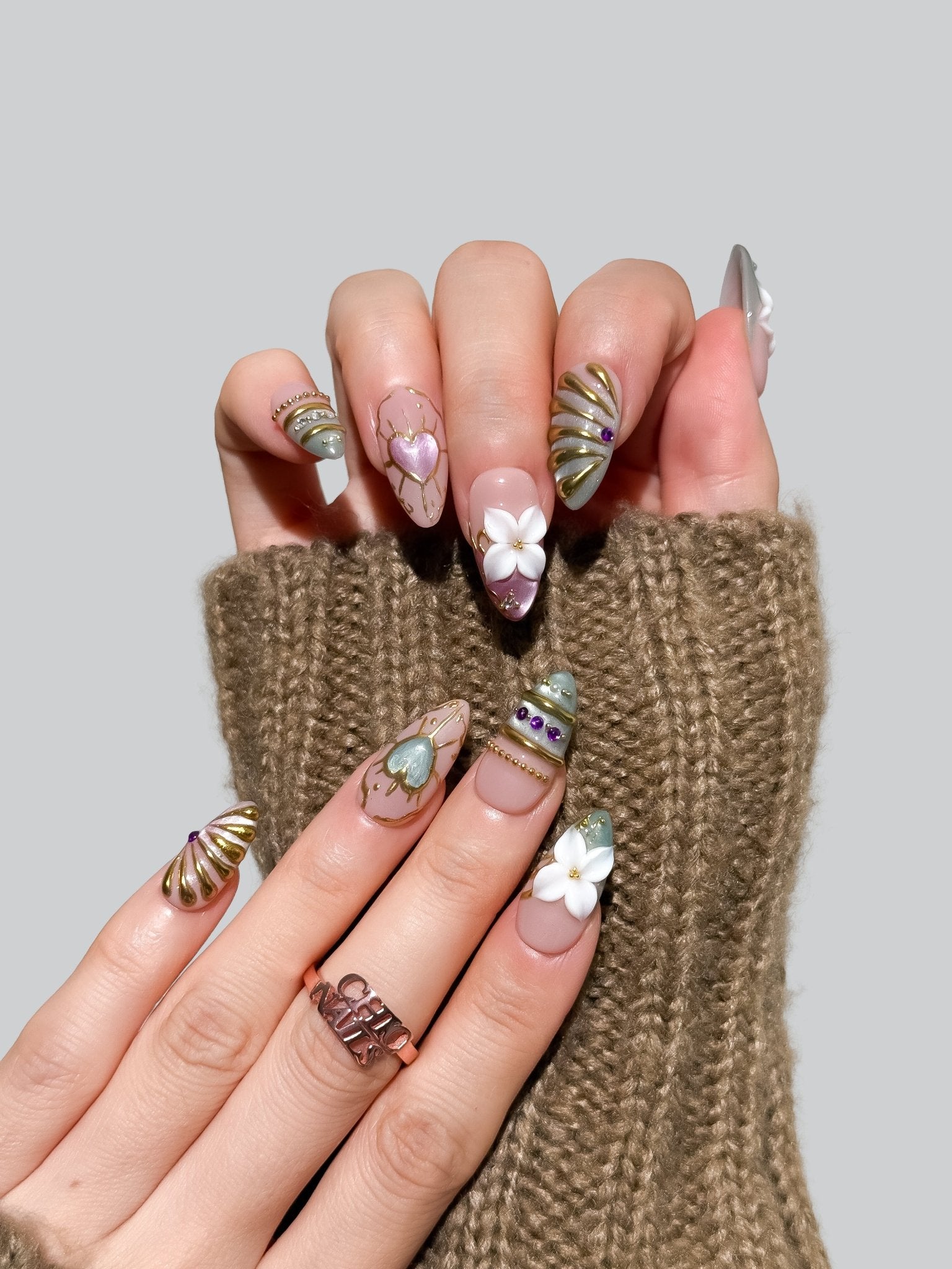 Handmade Sage Green Blossom Press On Nails – Medium Almond