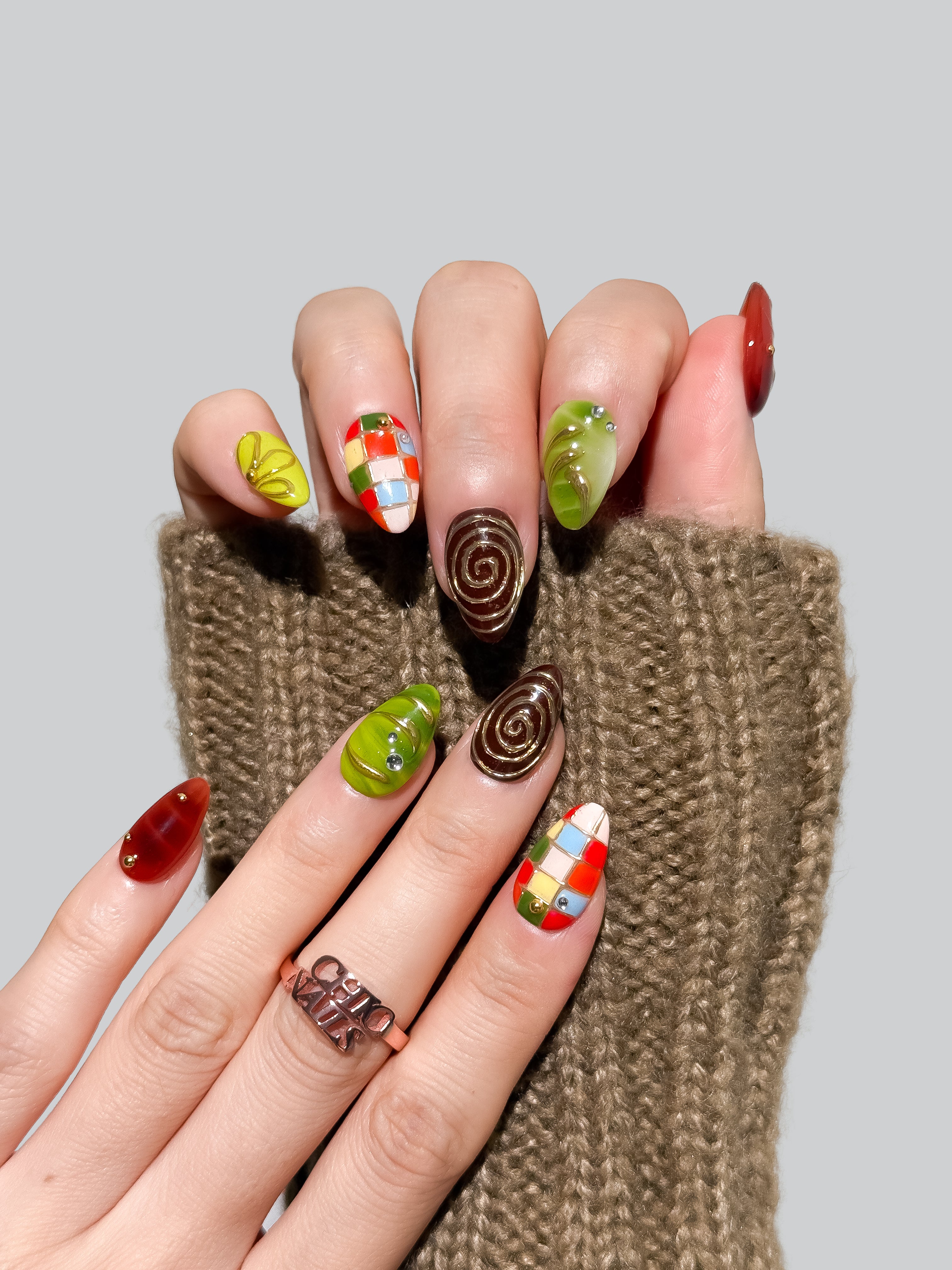 Handmade Retro Patchwork Press-On Nails – Short Almond