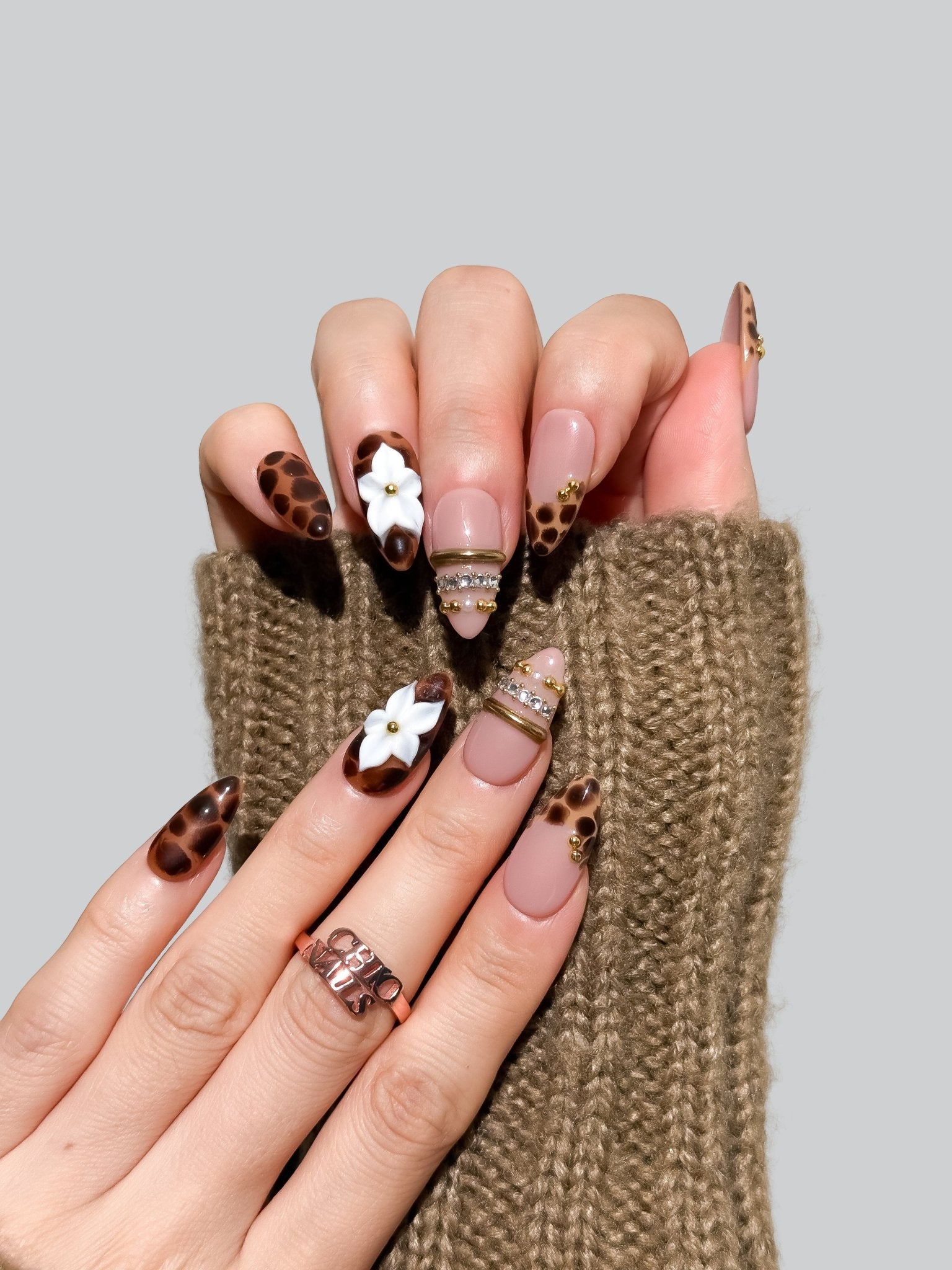Handmade Leopard Blossom Press On Nails – Medium Almond